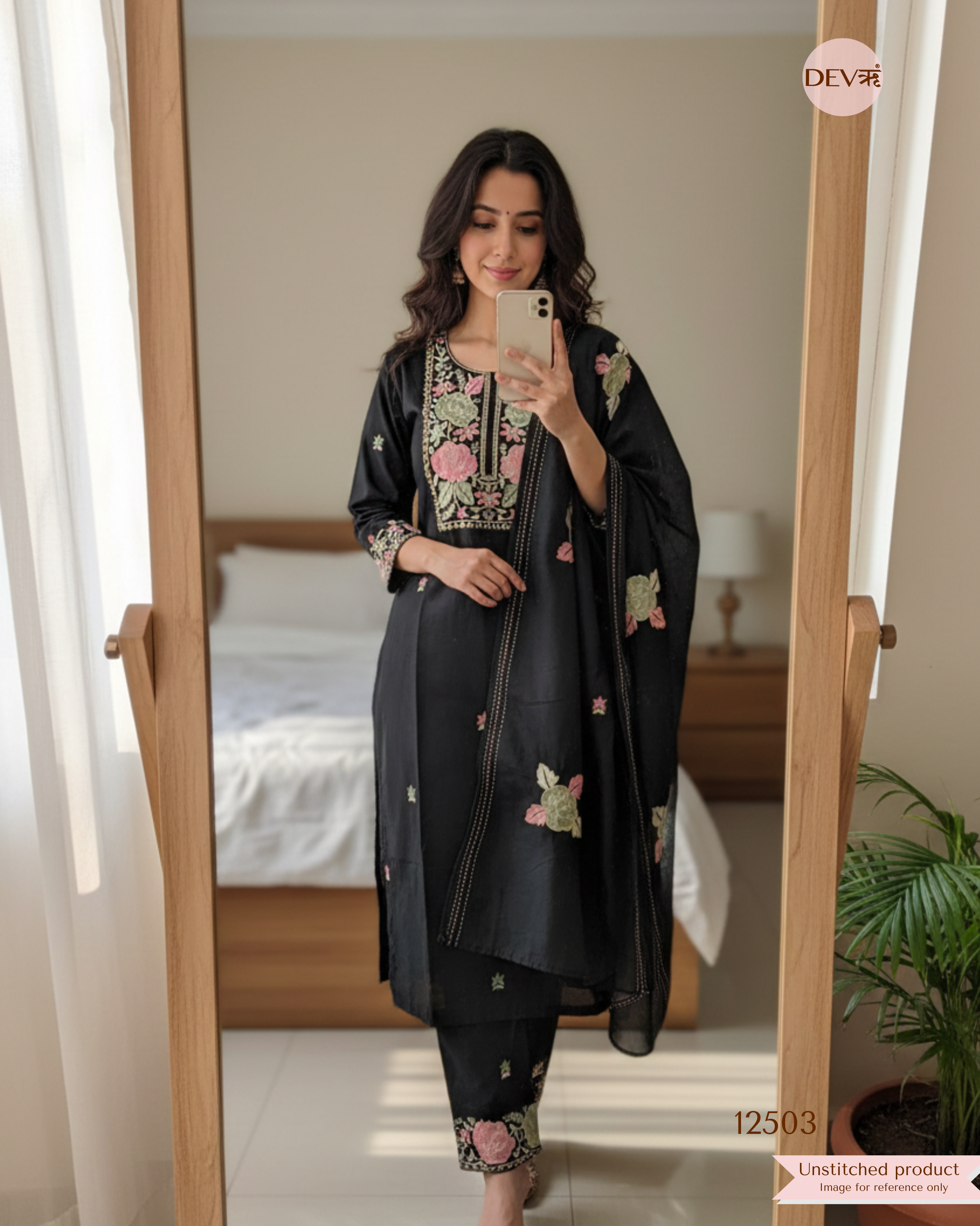 Black Cotton Embroidered Unstitched 3-Piece Suit (Devri – D.No. 12503)