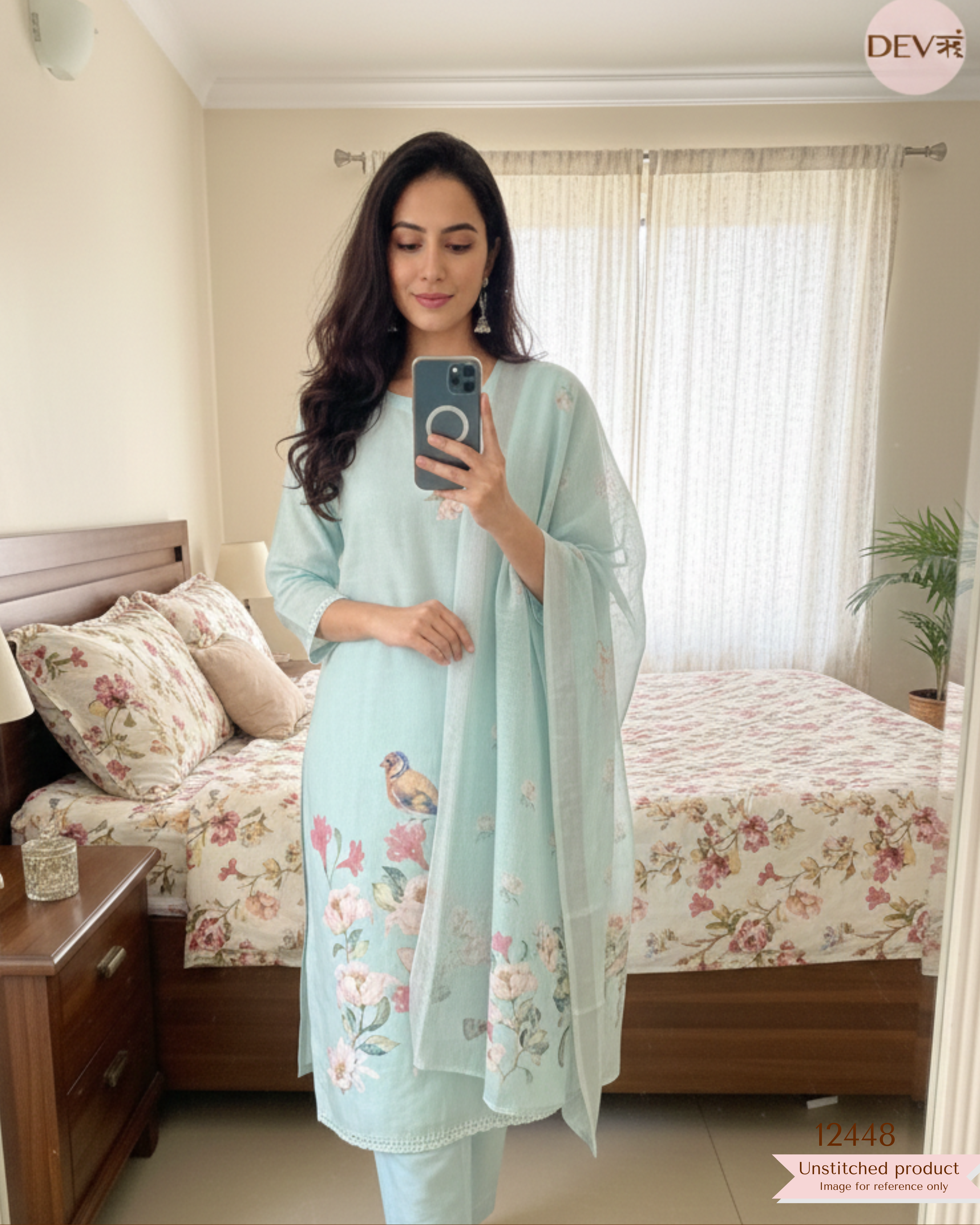 Aqua Blue Linen Cotton Printed Unstitched 3-Piece Suit (Devri – D.No.12448)
