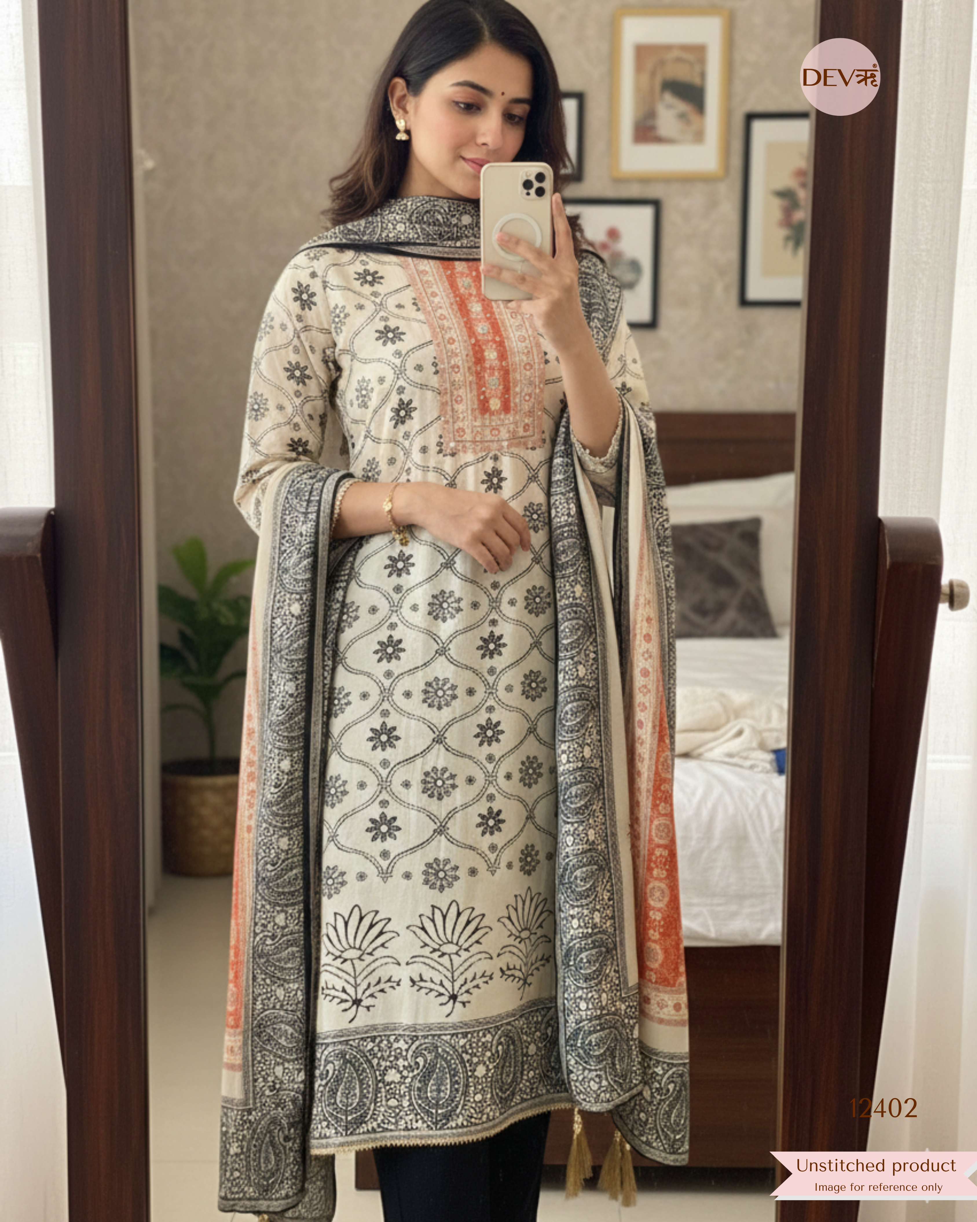 Beige Muslin Printed Unstitched 3-Piece Suit (Devri – D.No. 12402)