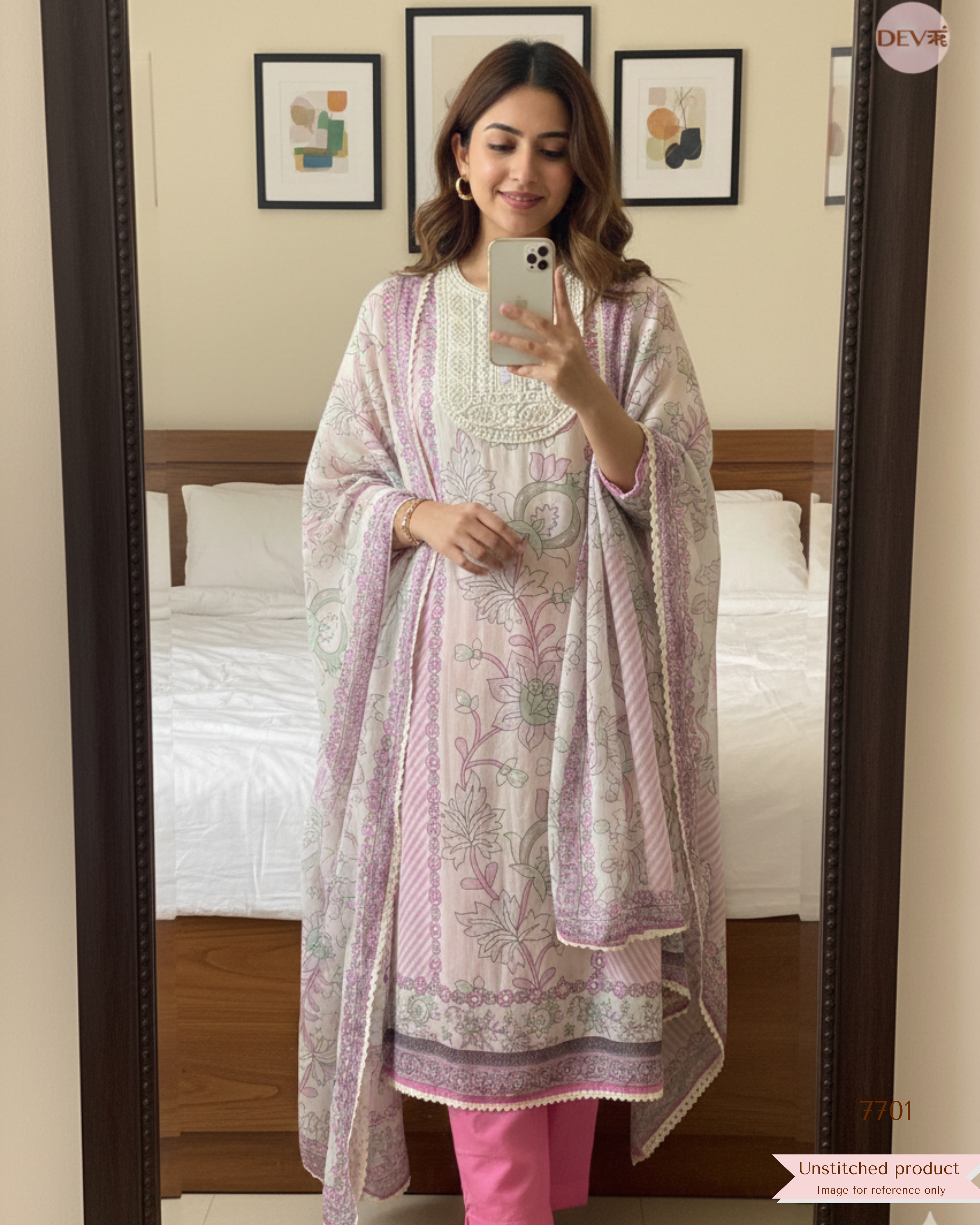 Pink & Mint Organza Silk Printed Unstitched 3-Piece Suit (Devri – D.No. 7701)