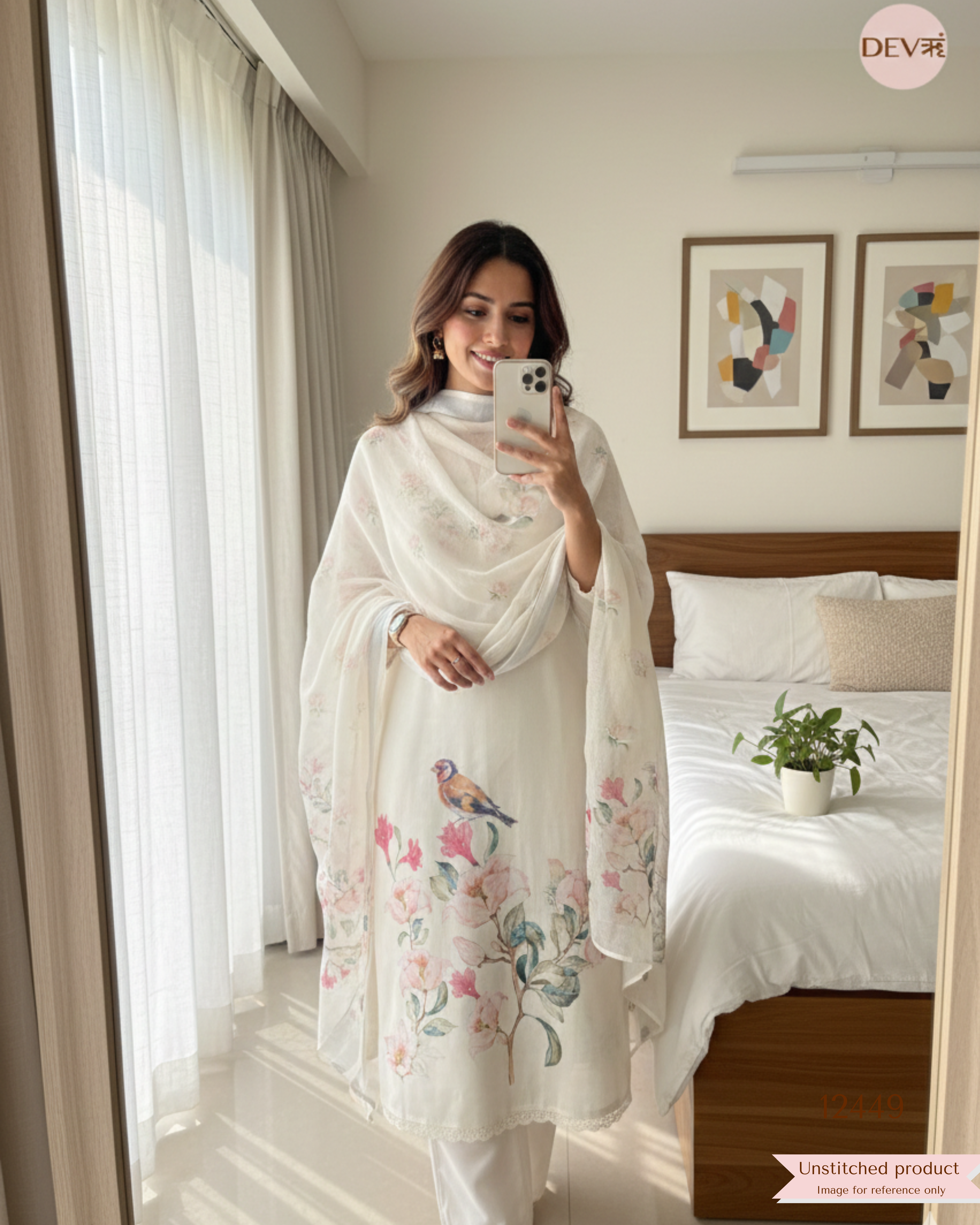 Off-White Linen Cotton Printed Unstitched 3-Piece Suit (Devri – D.No. 12449)