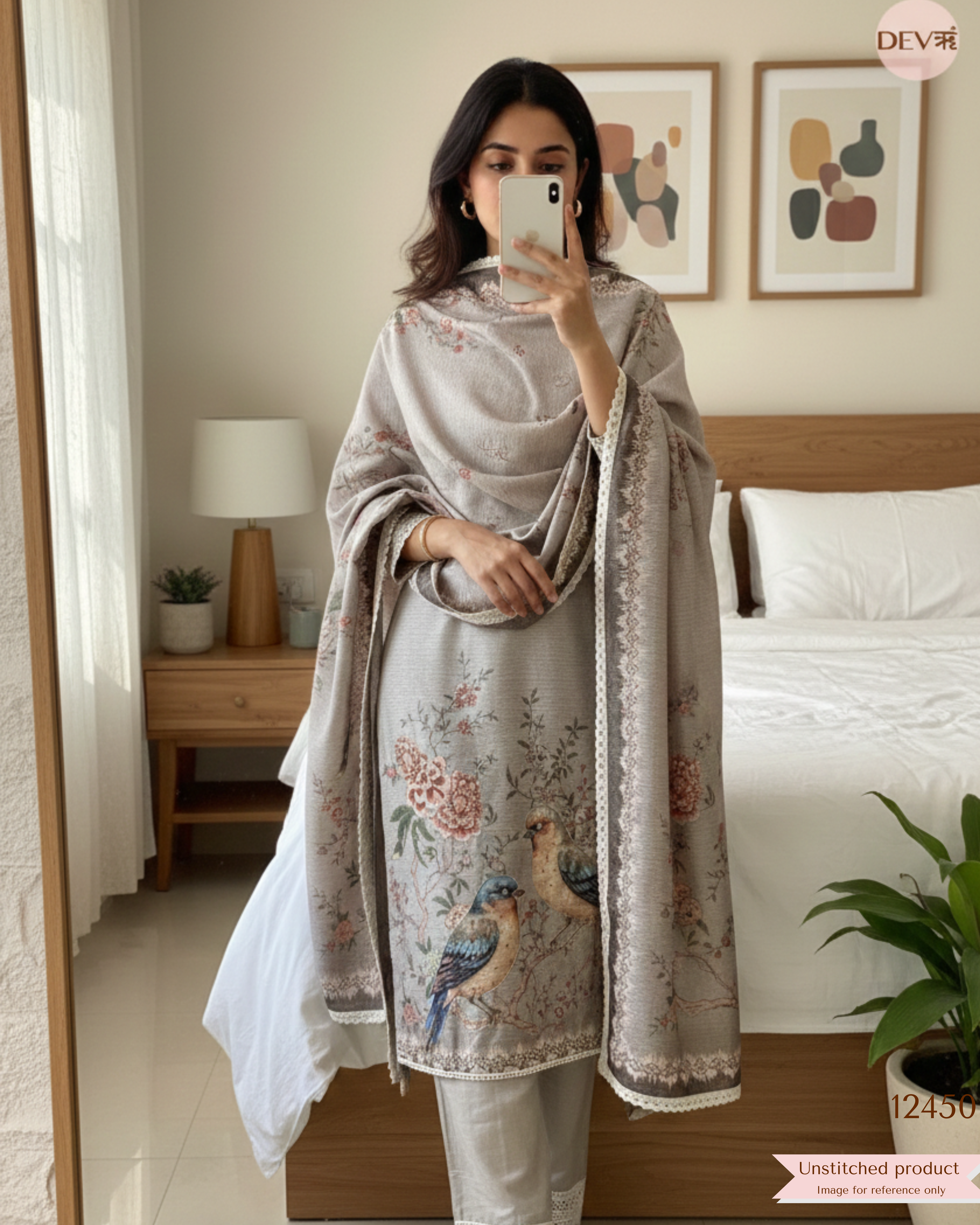 Taupe Grey Linen Cotton Printed Unstitched 3-Piece Suit (Devri – D.No.12450)