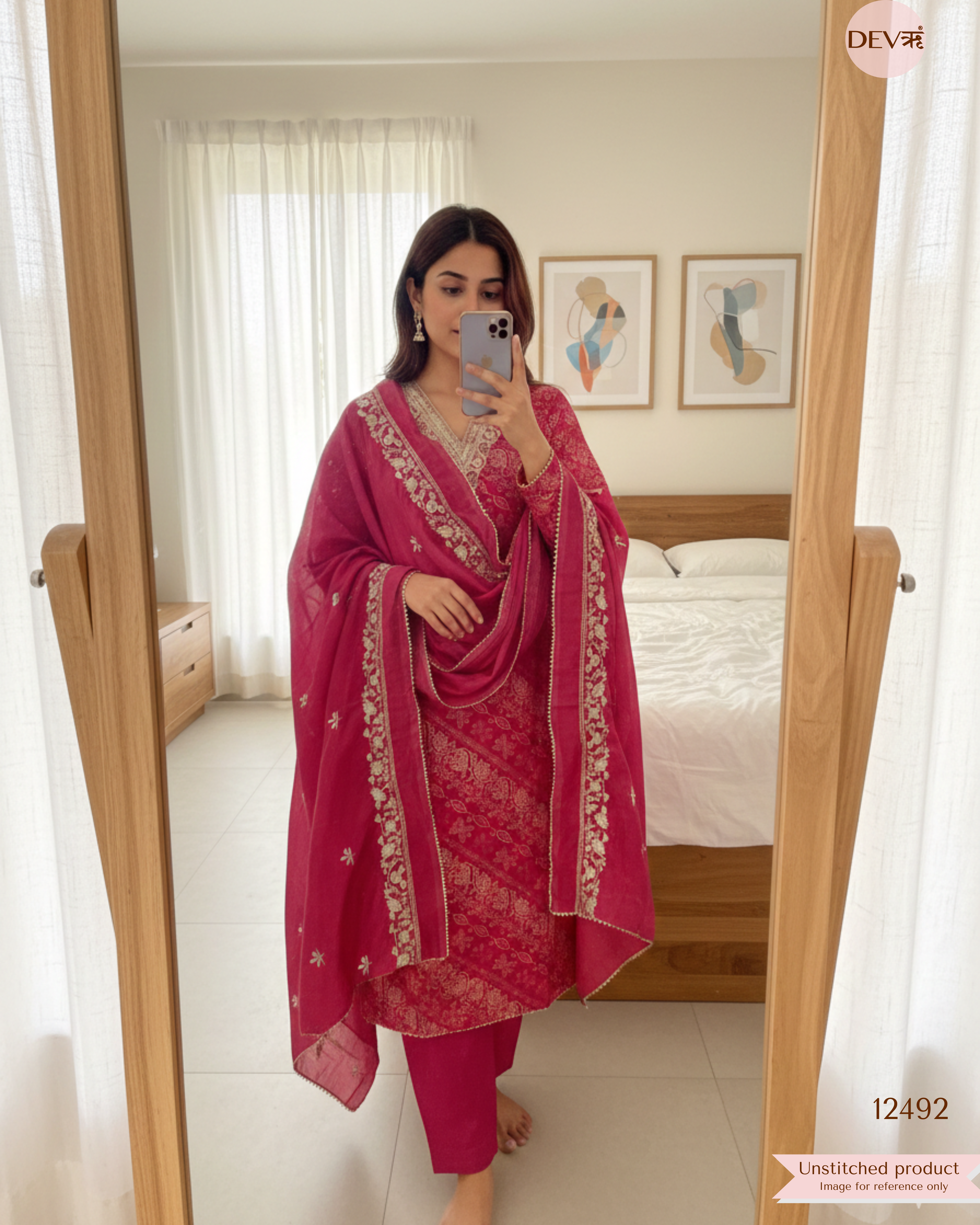 Rani Pink Modal Silk Embroidered Unstitched 3-Piece Suit (Devri – D.No. 12492)