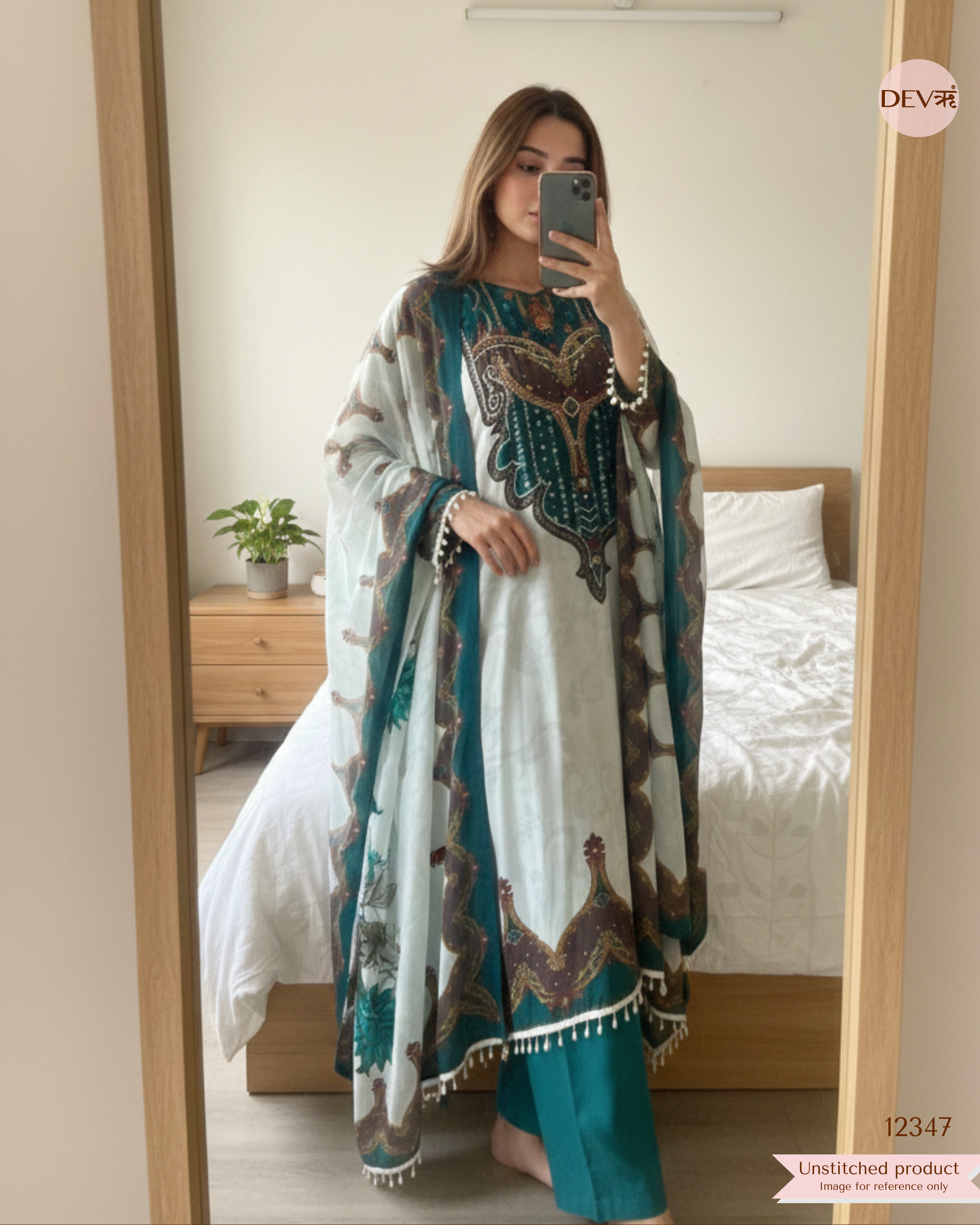 Teal Ivory Muslin Printed Unstitched 3-Piece Suit (Devri – D.No 12347)