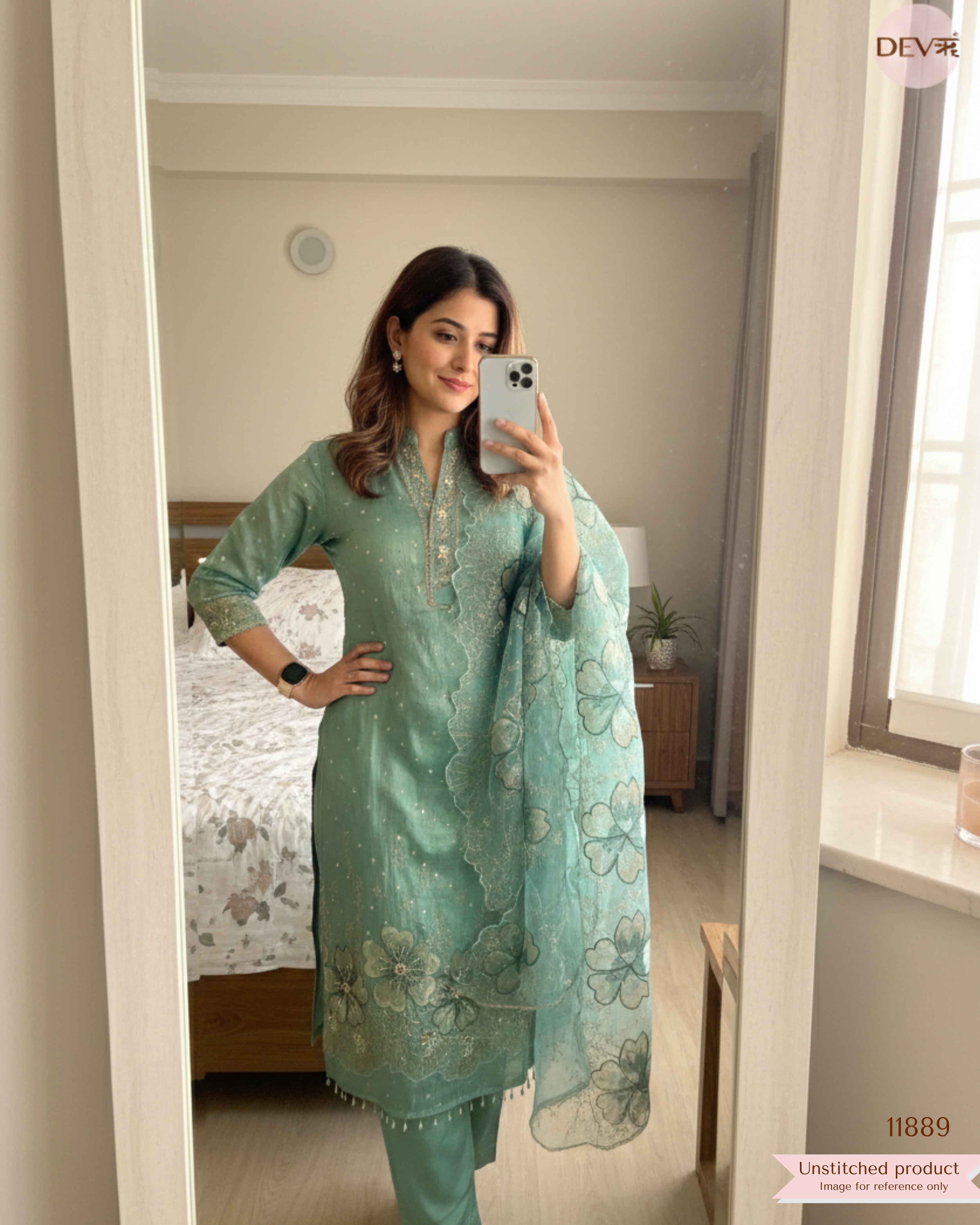 Green Tissue Silk Unstitched Embroidered -Set Of 3- {11889}
