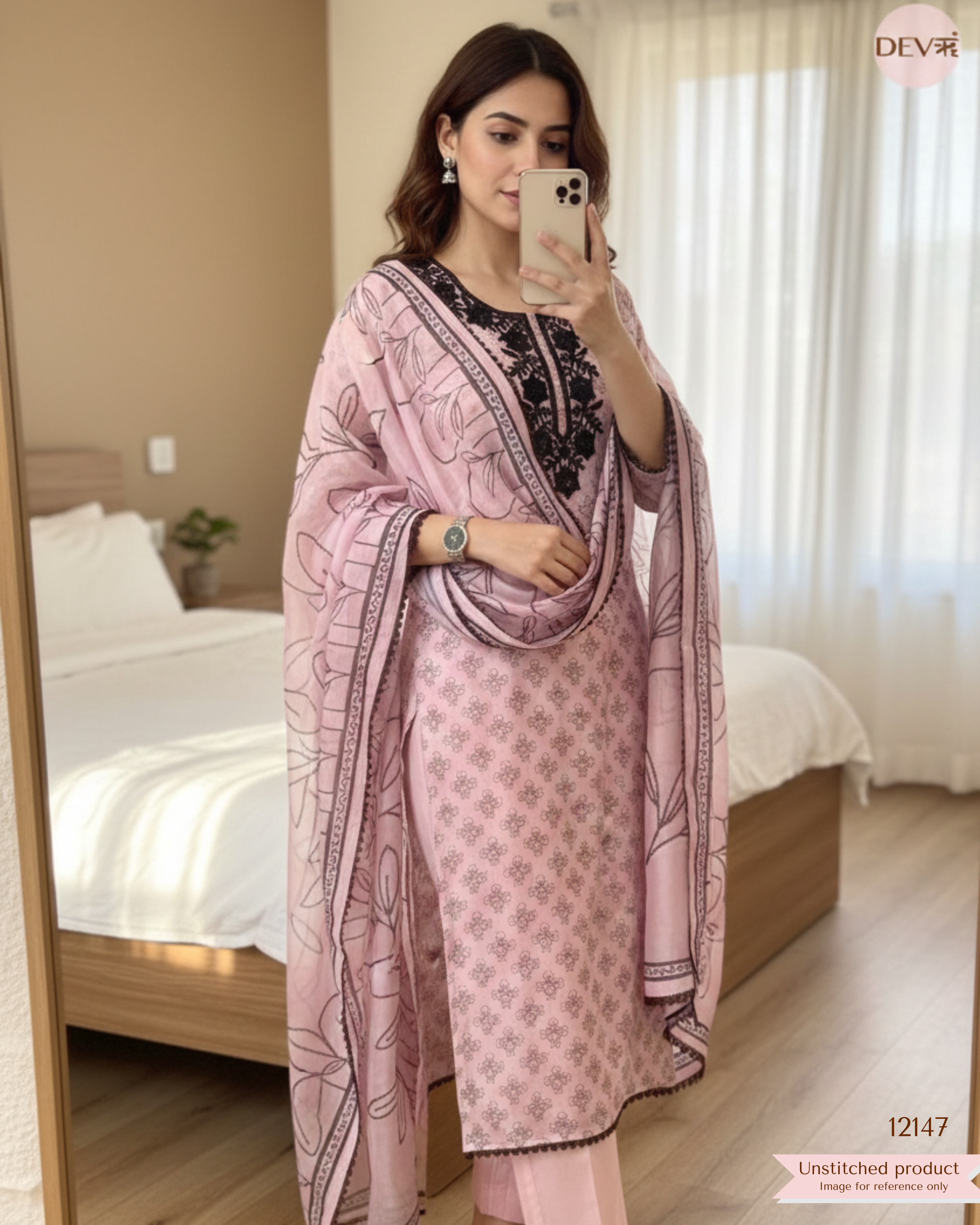 Pink Pure Organza Unstitched Printed Hand Embroidered -Set Of 3 - {12147}