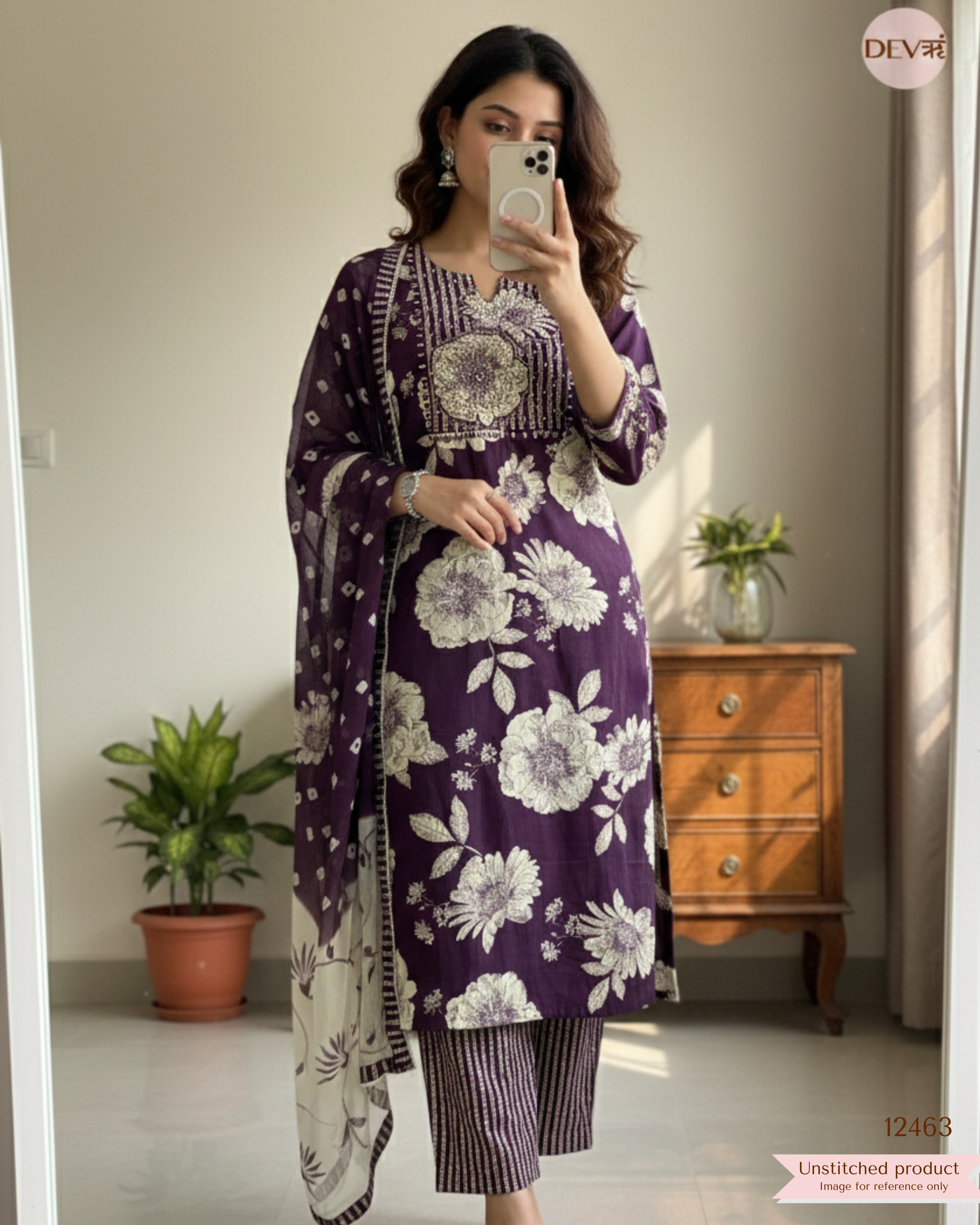 Plum Cotton Printed Unstitched 3-Piece Suit (Devri – D.No. 12463)
