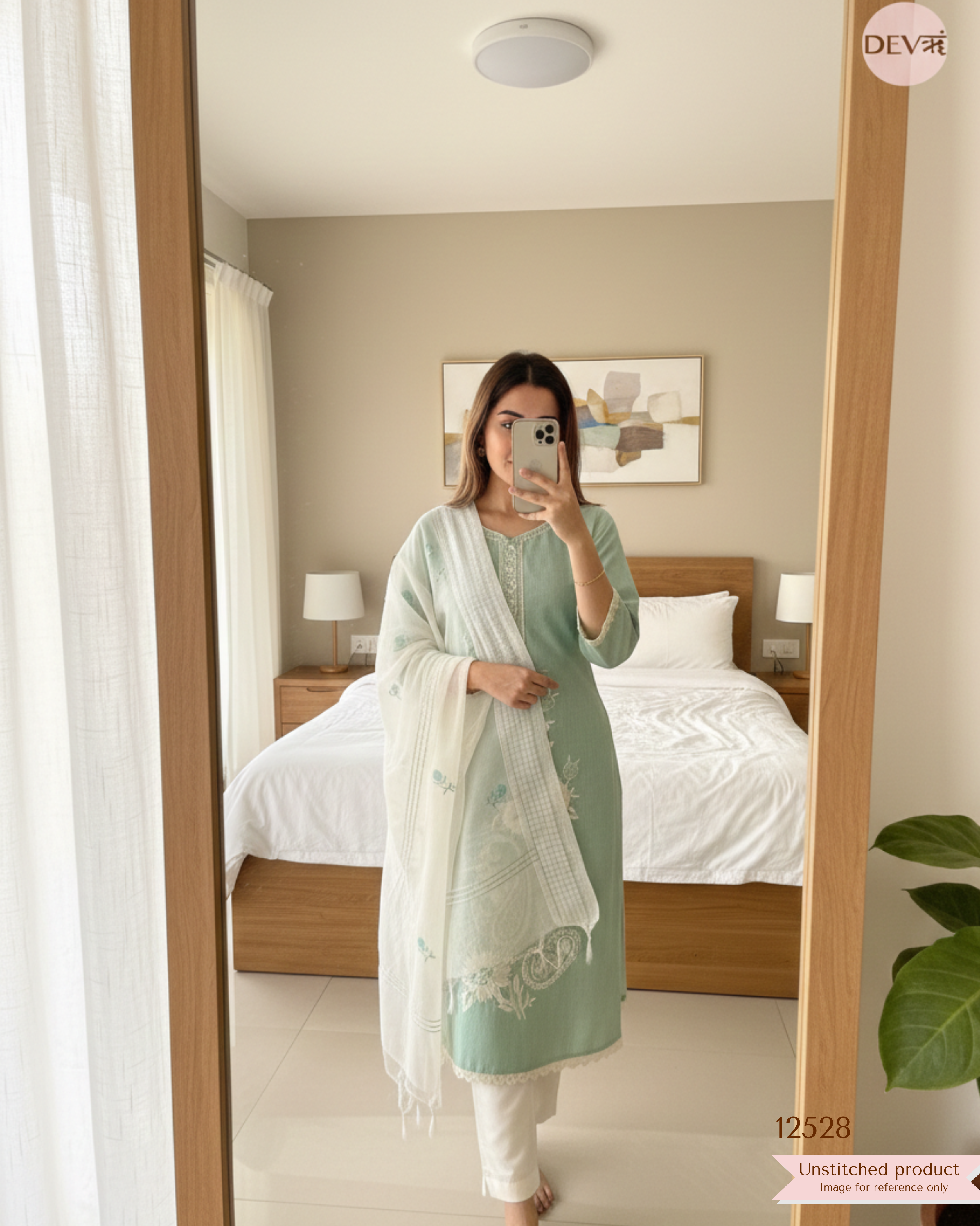 Mint Handloom Cotton Embroidered Unstitched 3-Piece Suit (Devri – D.No 12528)