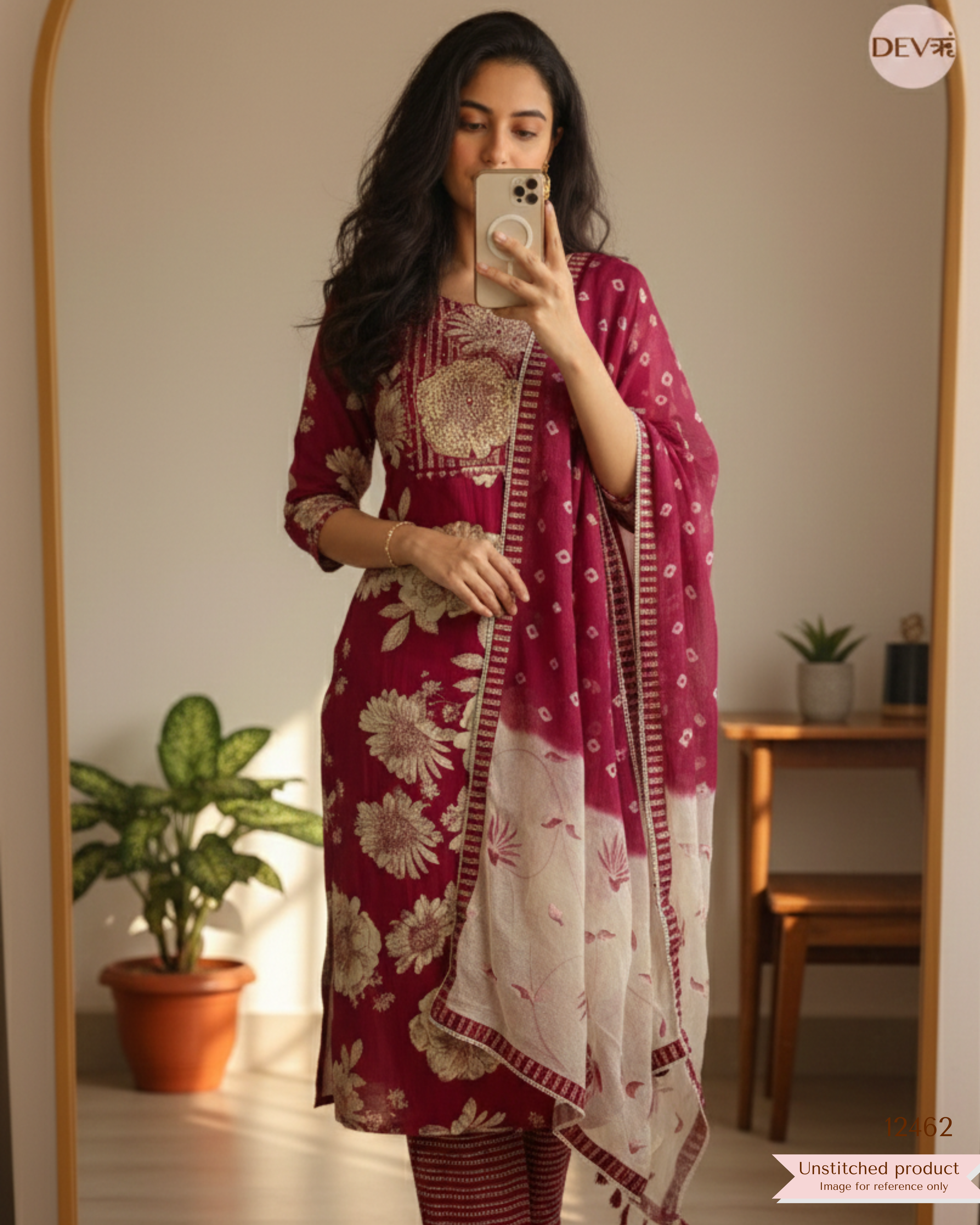Deep Pink Cotton Printed Unstitched 3-Piece Suit (Devri – D.No. 12462)