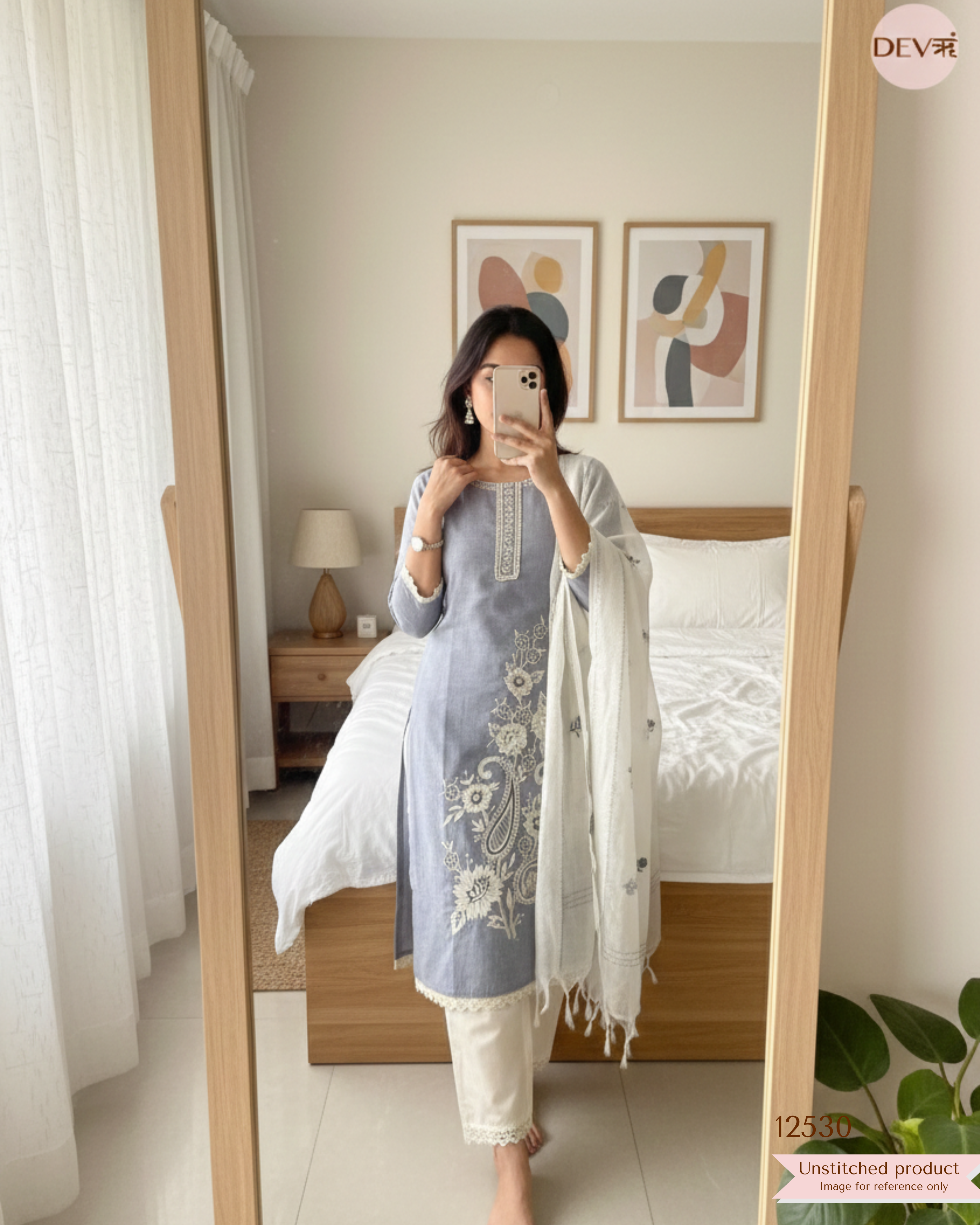 Grey Handloom Cotton Embroidered Unstitched 3-Piece Suit (Devri – D.No 12530)