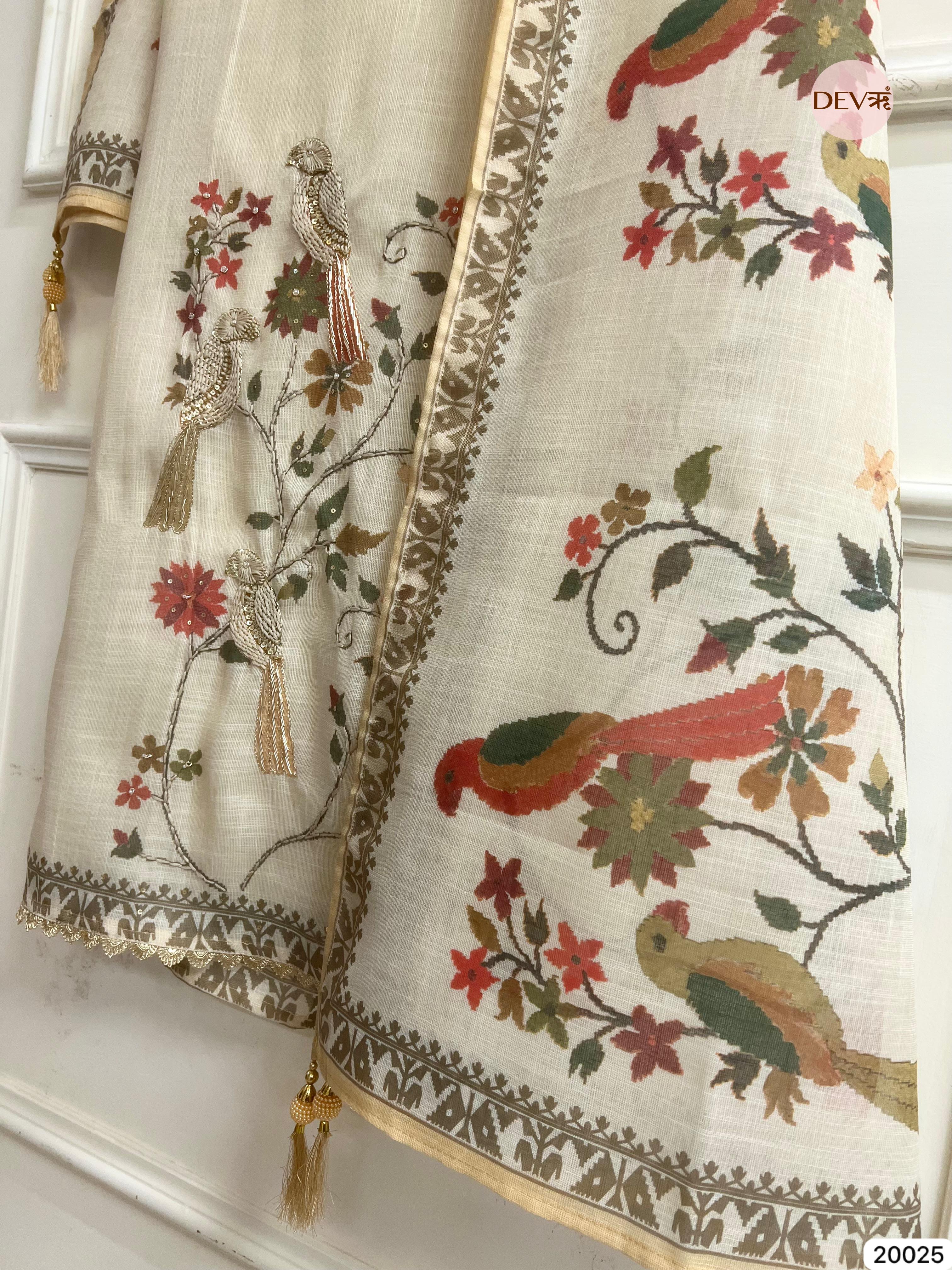 Ivory Linen Cotton Embroidered Unstitched 3-Piece Suit (Devri – D.No 20025