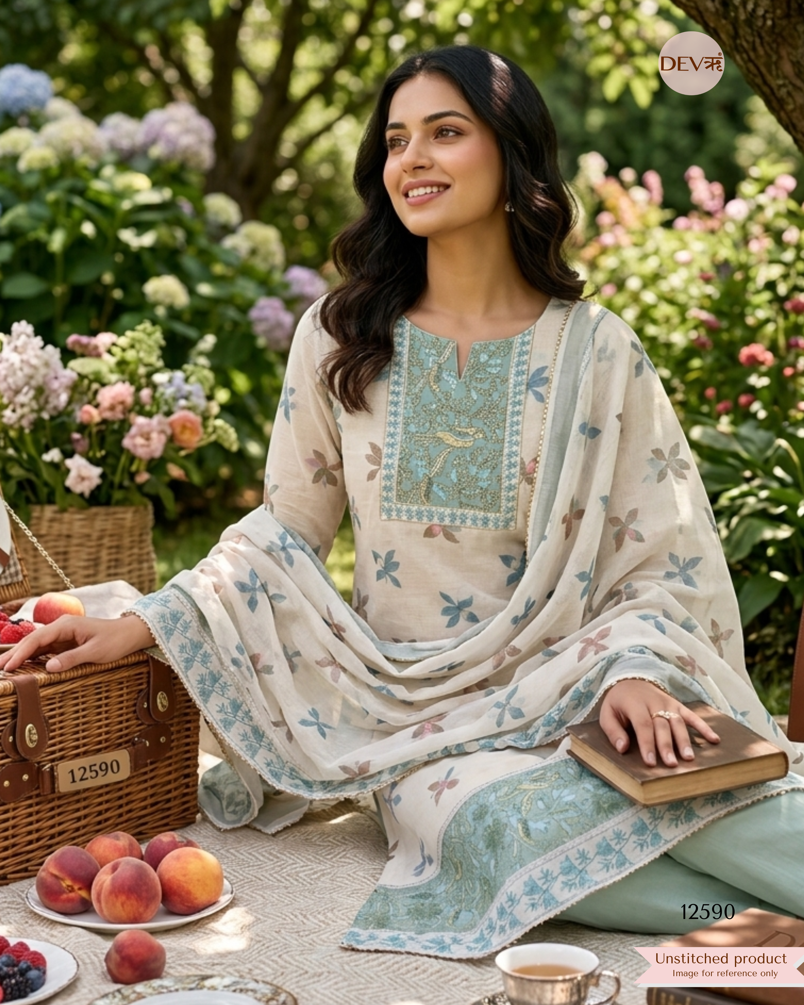 Sea Green Linen Cotton Embroidered Unstitched 3-Piece Suit (Devri – D.No 12590)