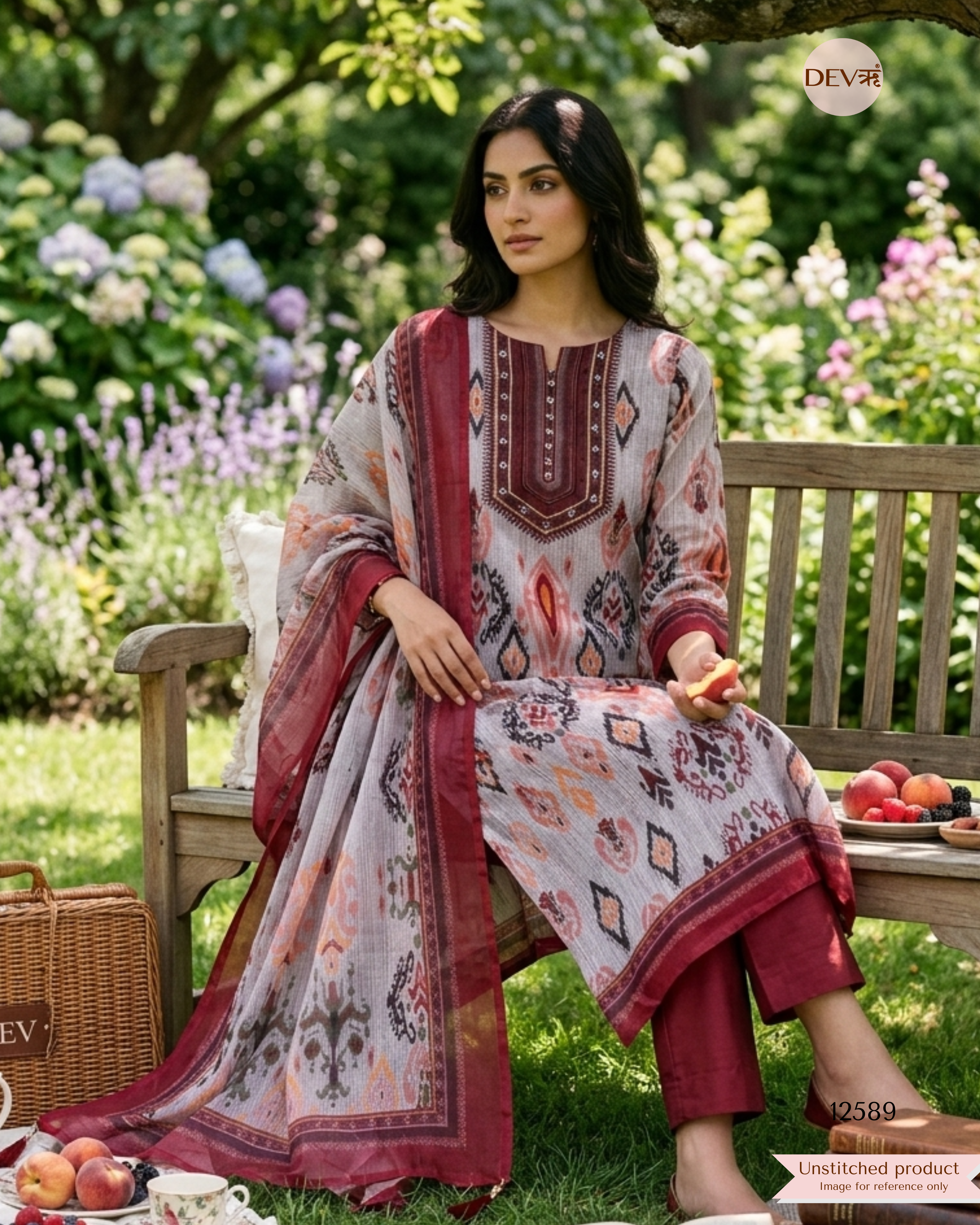 Maroon linen Printed Unstitched 3-Piece Suit (Devri – D.No 12589)