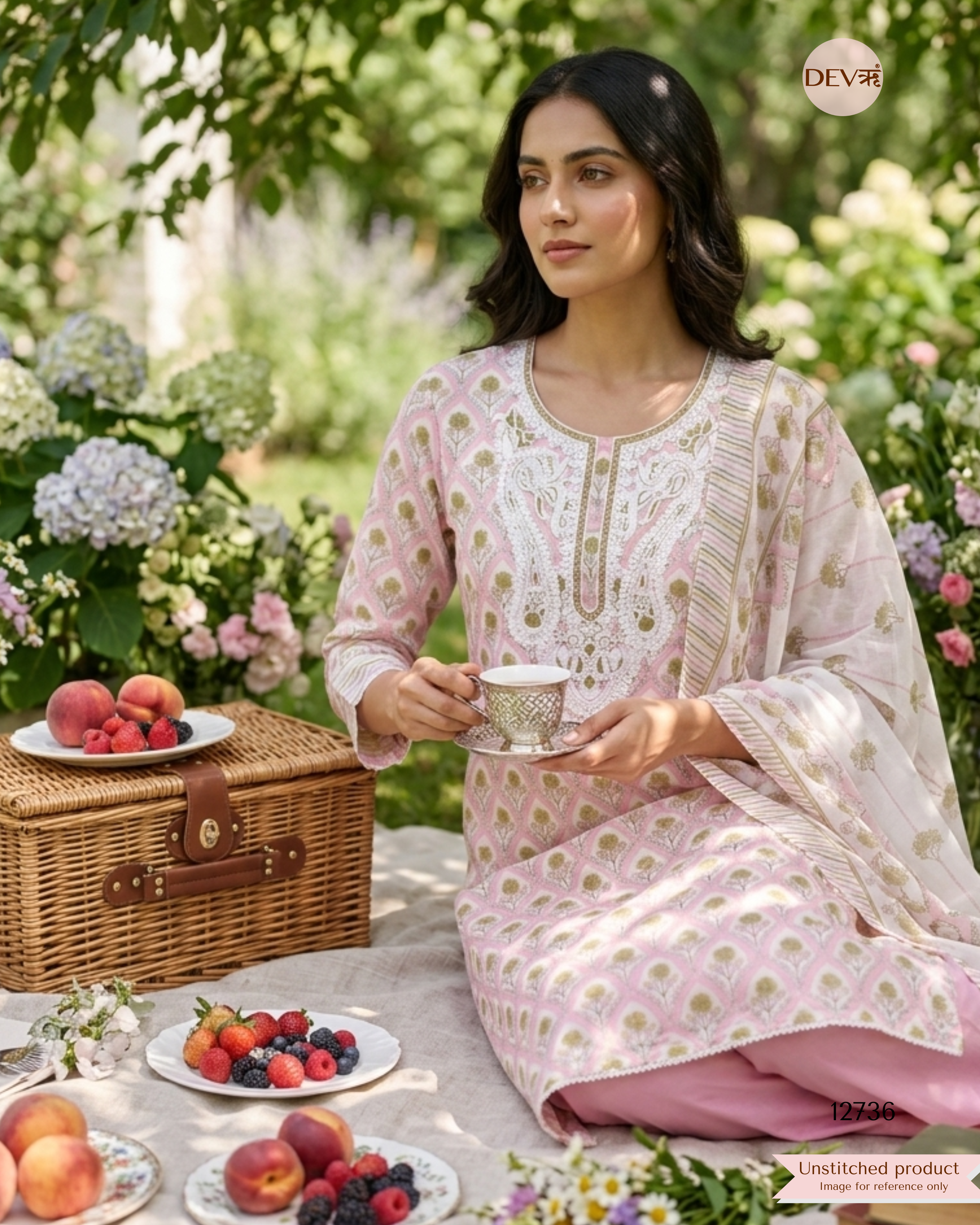 Pink Cotton Embroidered Unstitched 3-Piece Suit (Devri – D.No 12736)