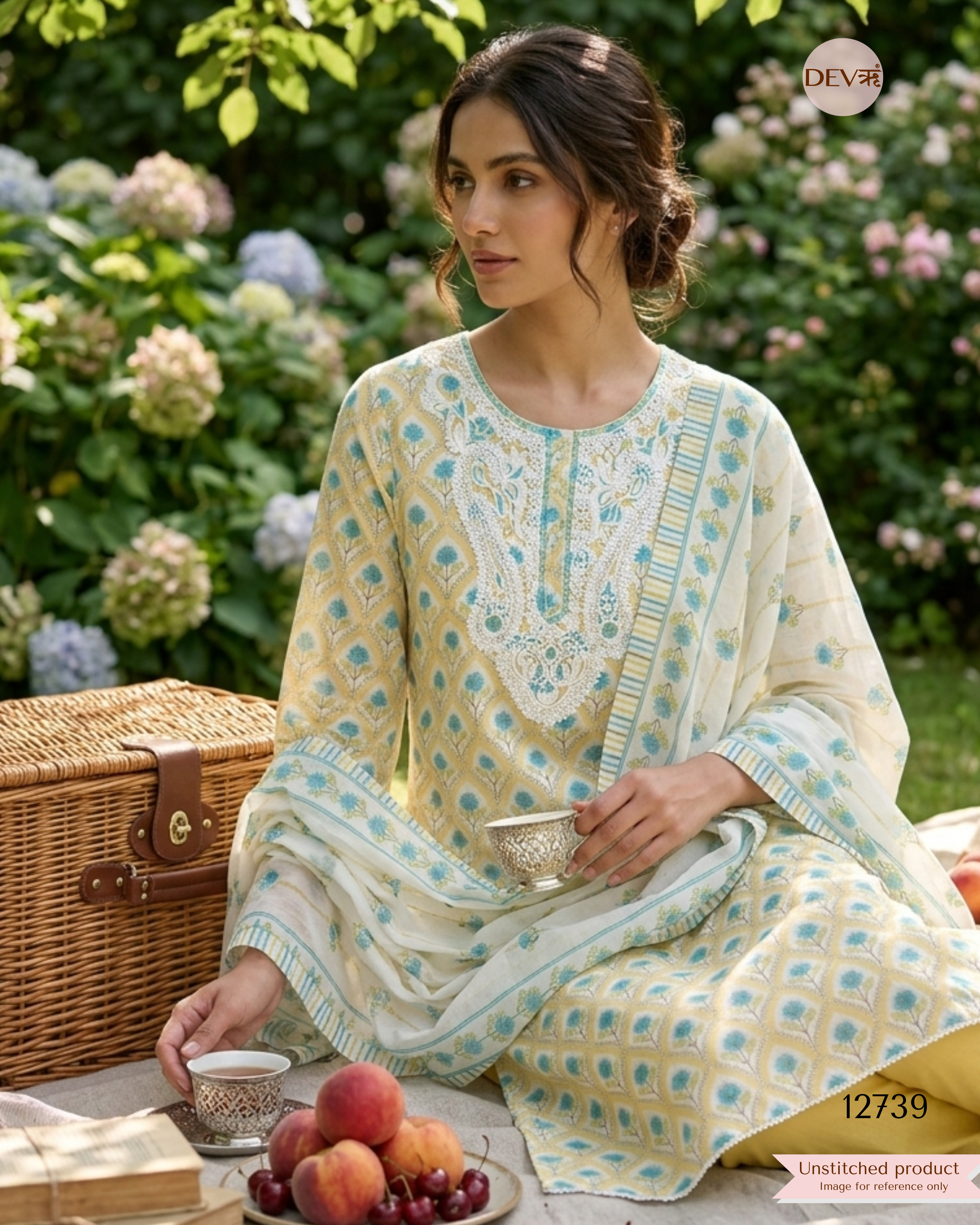 Yellow Cotton Embroidered Unstitched 3-Piece Suit (Devri – D.No 12737)