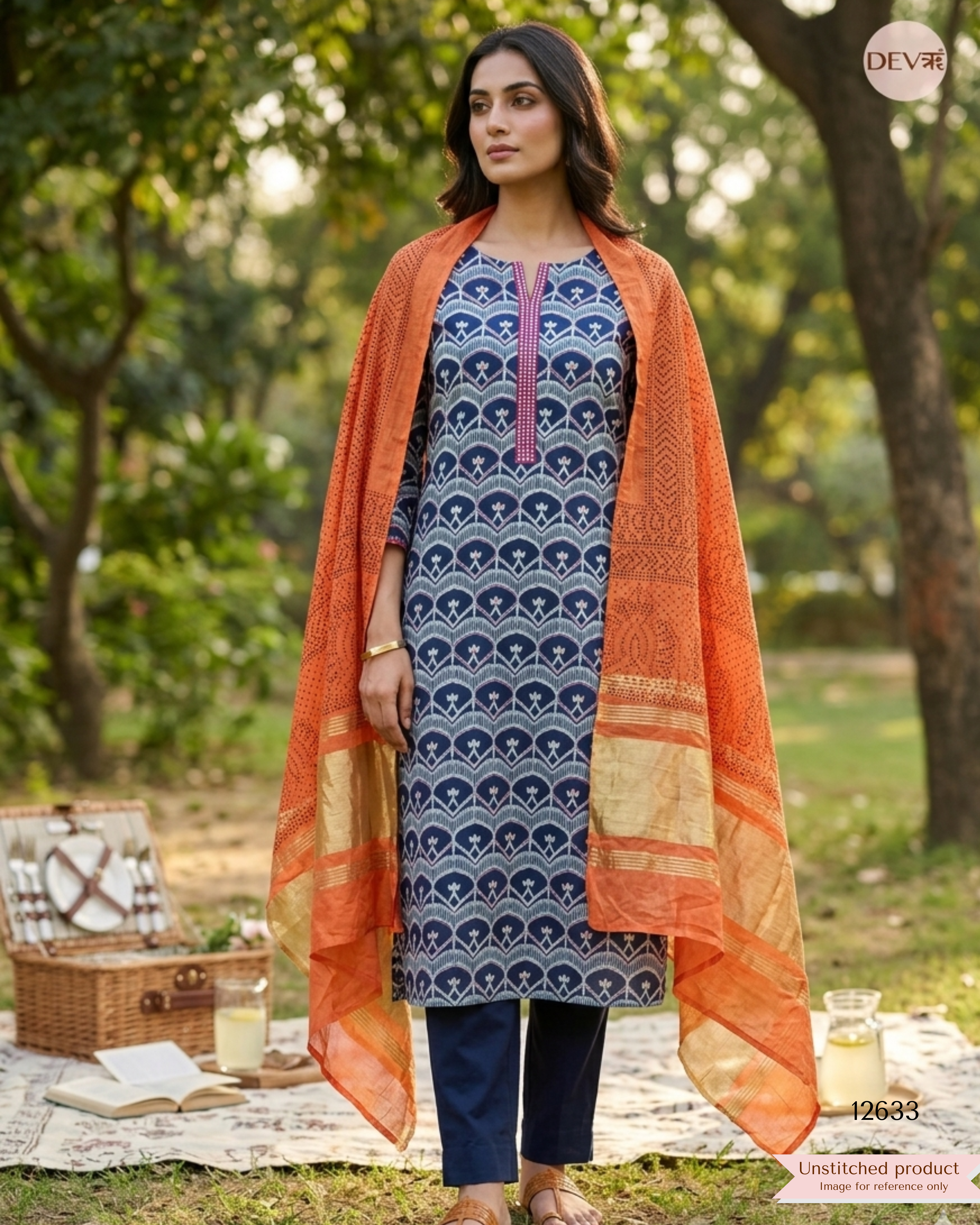 Navy Blue Cotton Printed Unstitched 3-Piece Suit (Devri – D.No 12633)