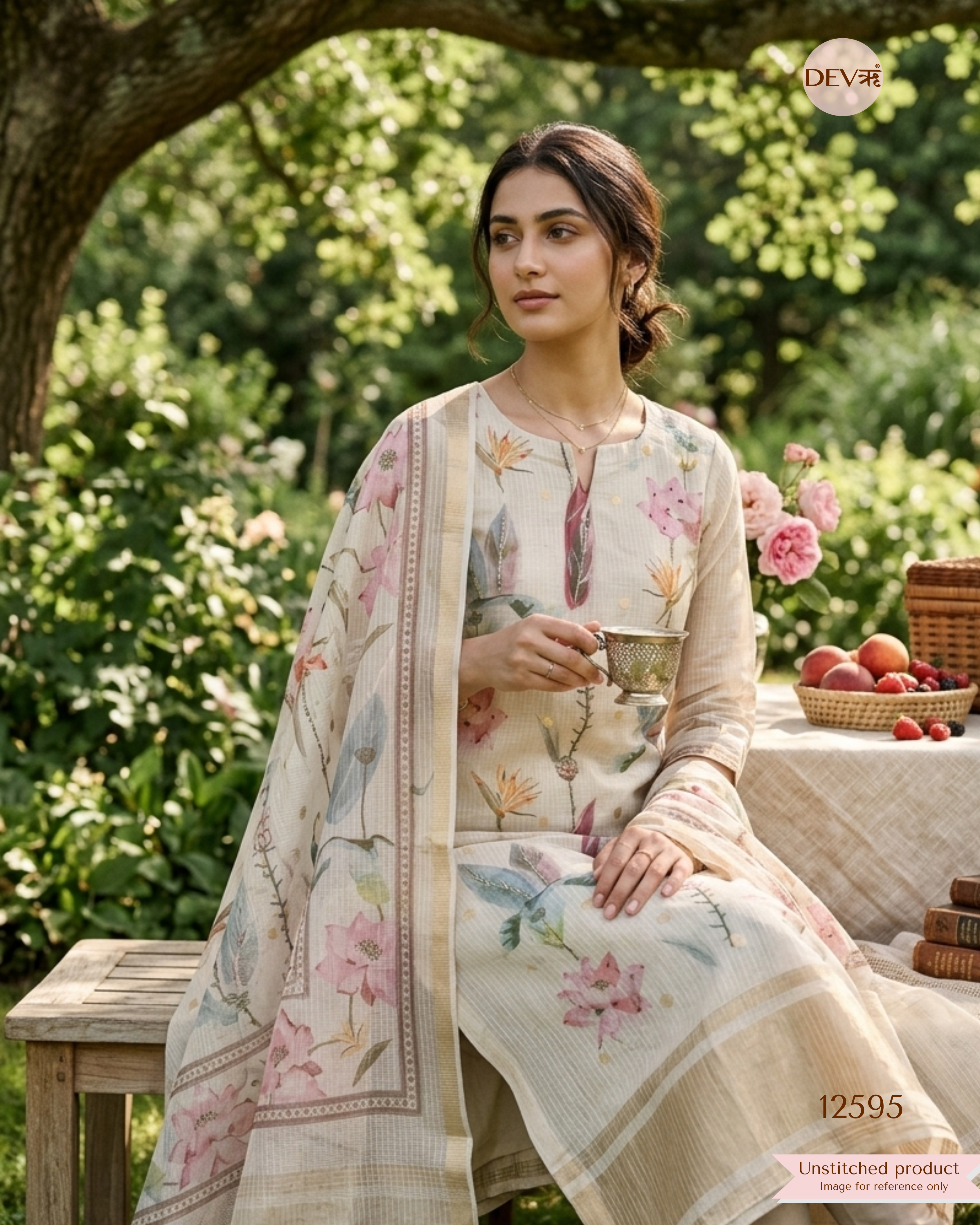 Beige kota Cotton Floral Unstitched 3-Piece Suit (Devri – D.No 12595)