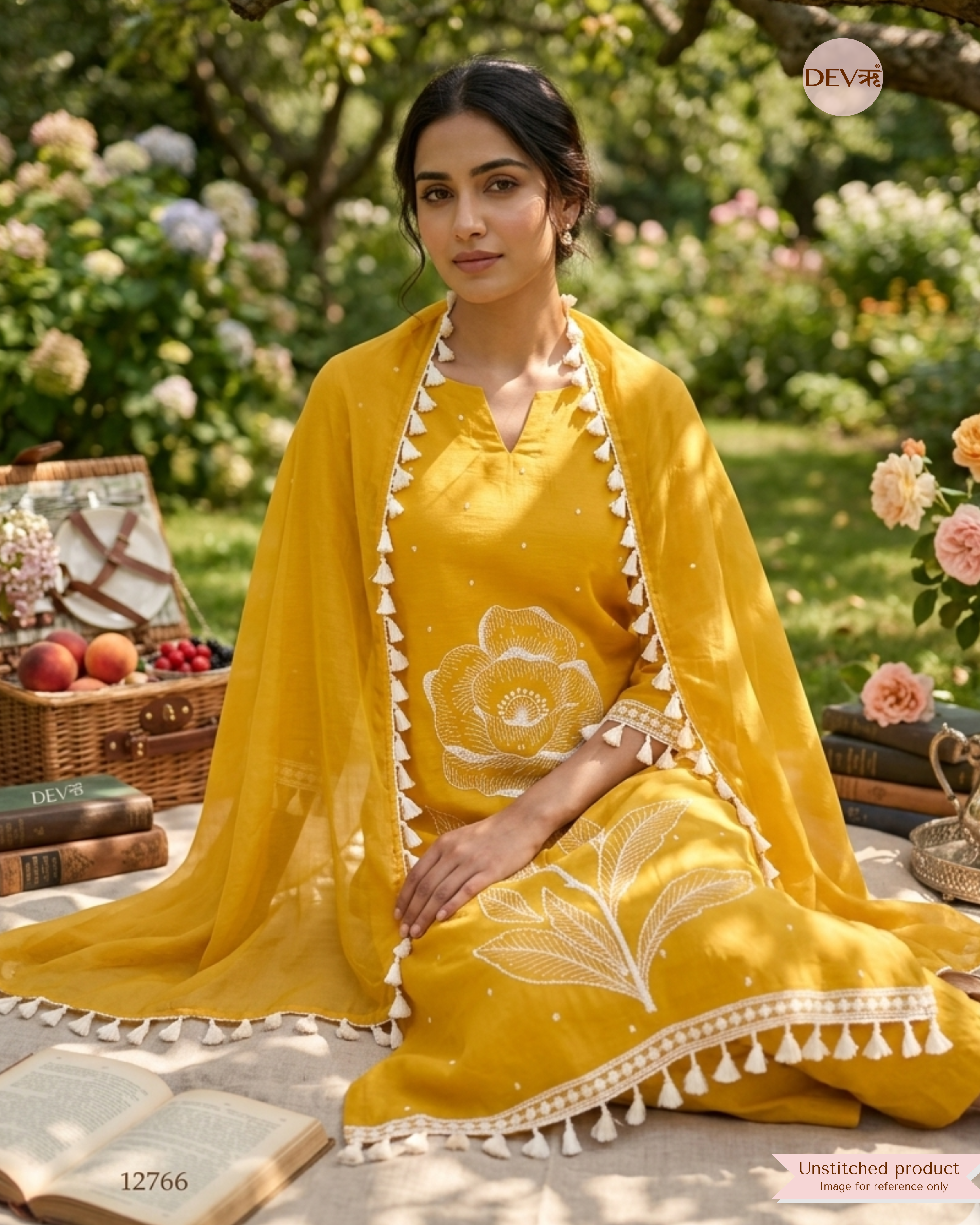 Yellow Mul Cotton Embroidered Unstitched 3-Piece Suit (Devri – D.No 12766)