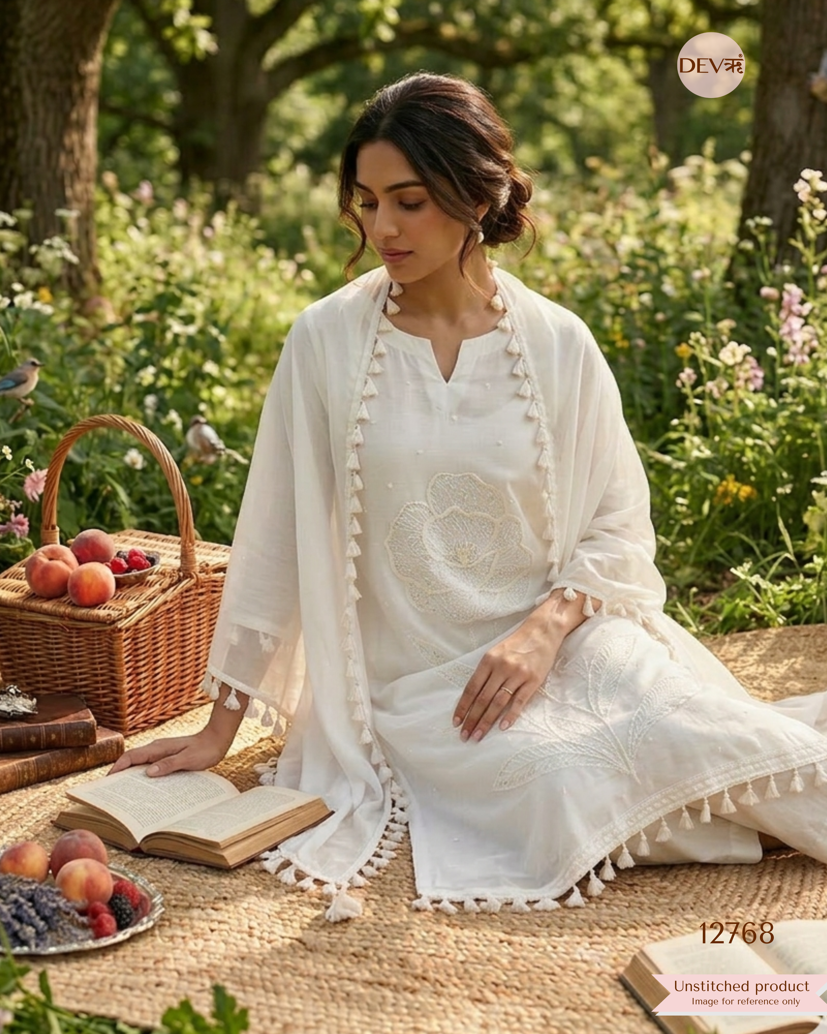 White Mul Cotton Embroidered Unstitched 3-Piece Suit (Devri – D.No 12768)