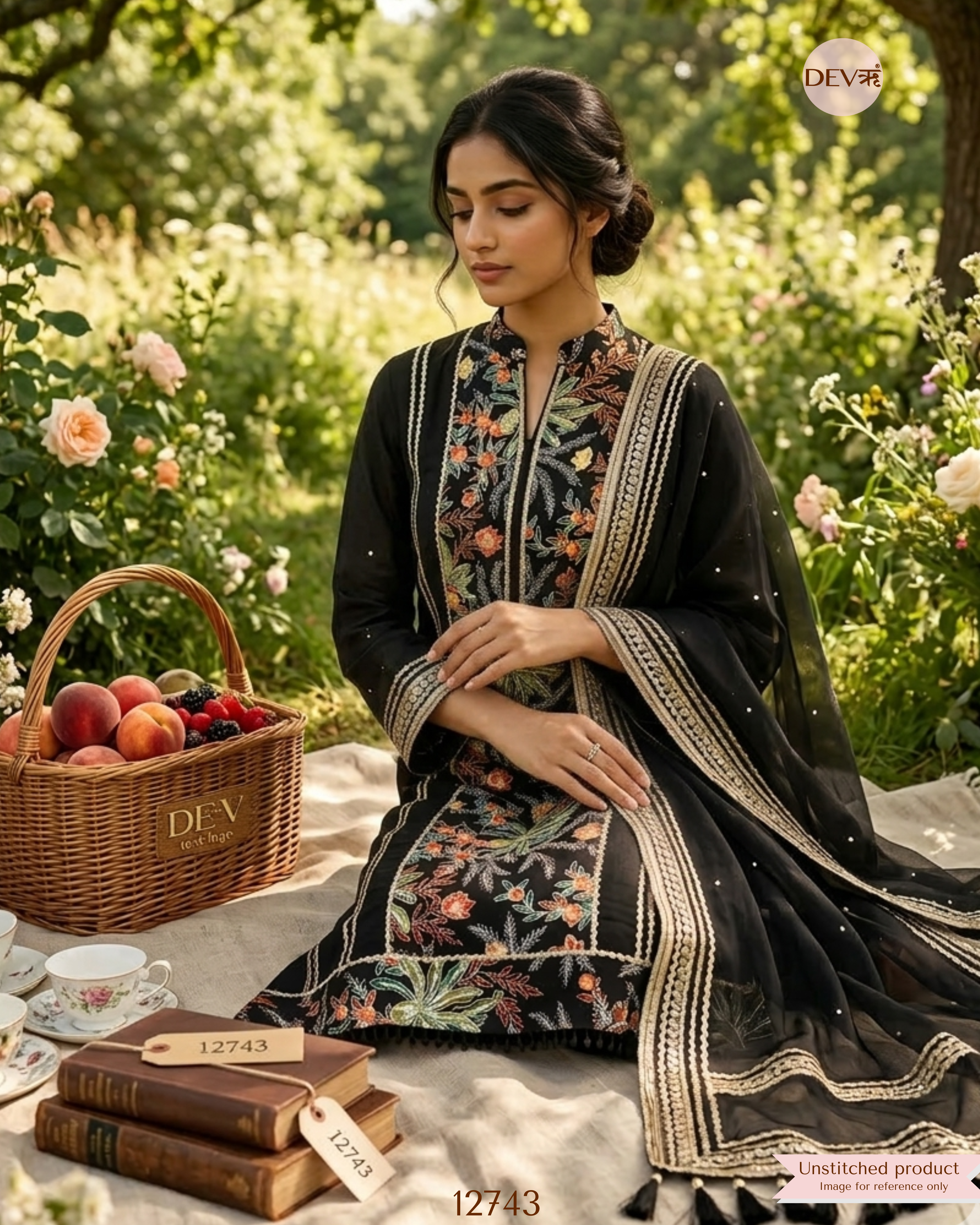 Black Chinon Embroidered Unstitched 3-Piece Suit (Devri – D.No 12743)