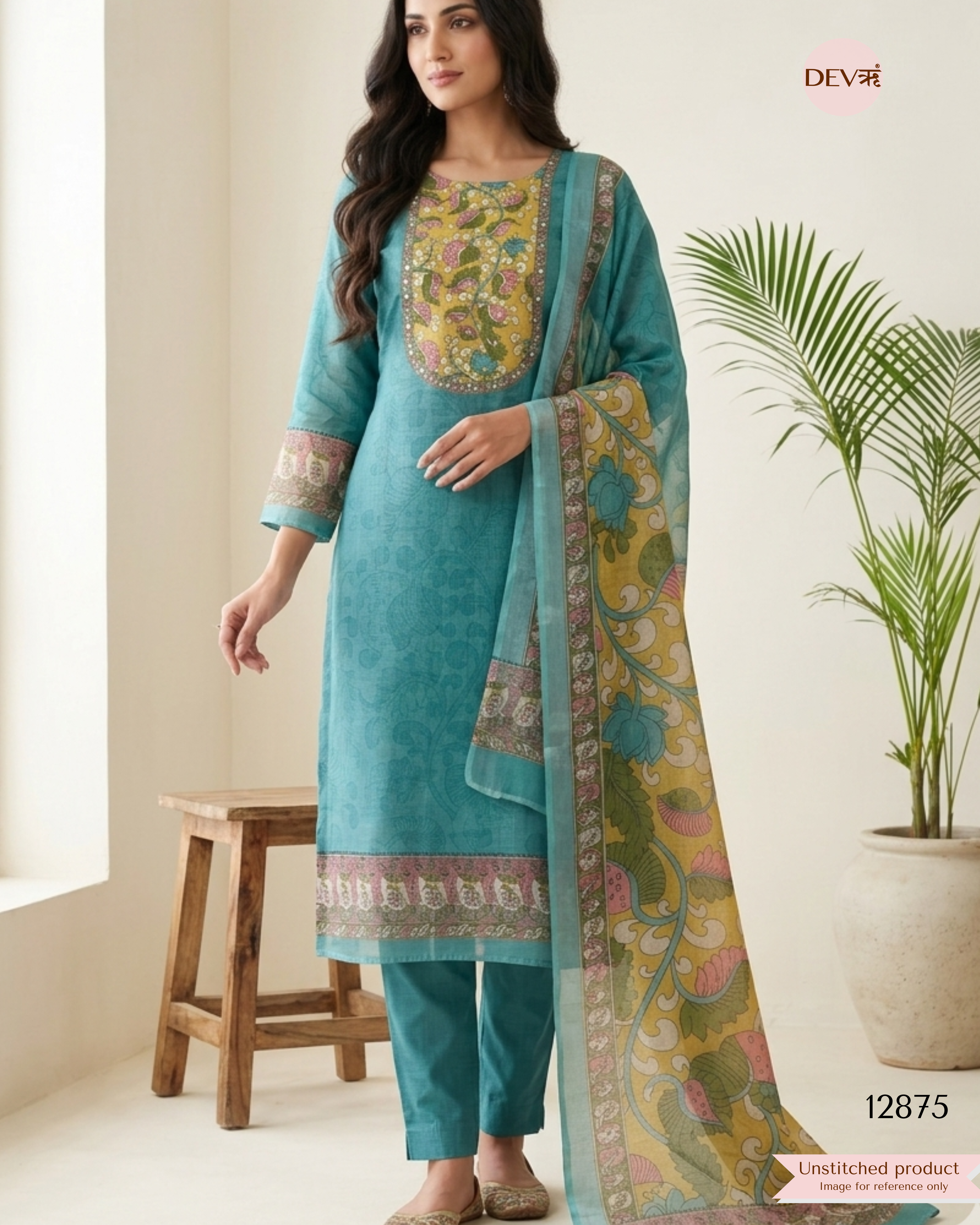 Teal Blue Linen Cotton Printed Unstitched 3-Piece Suit (Devri – D.No 12875)