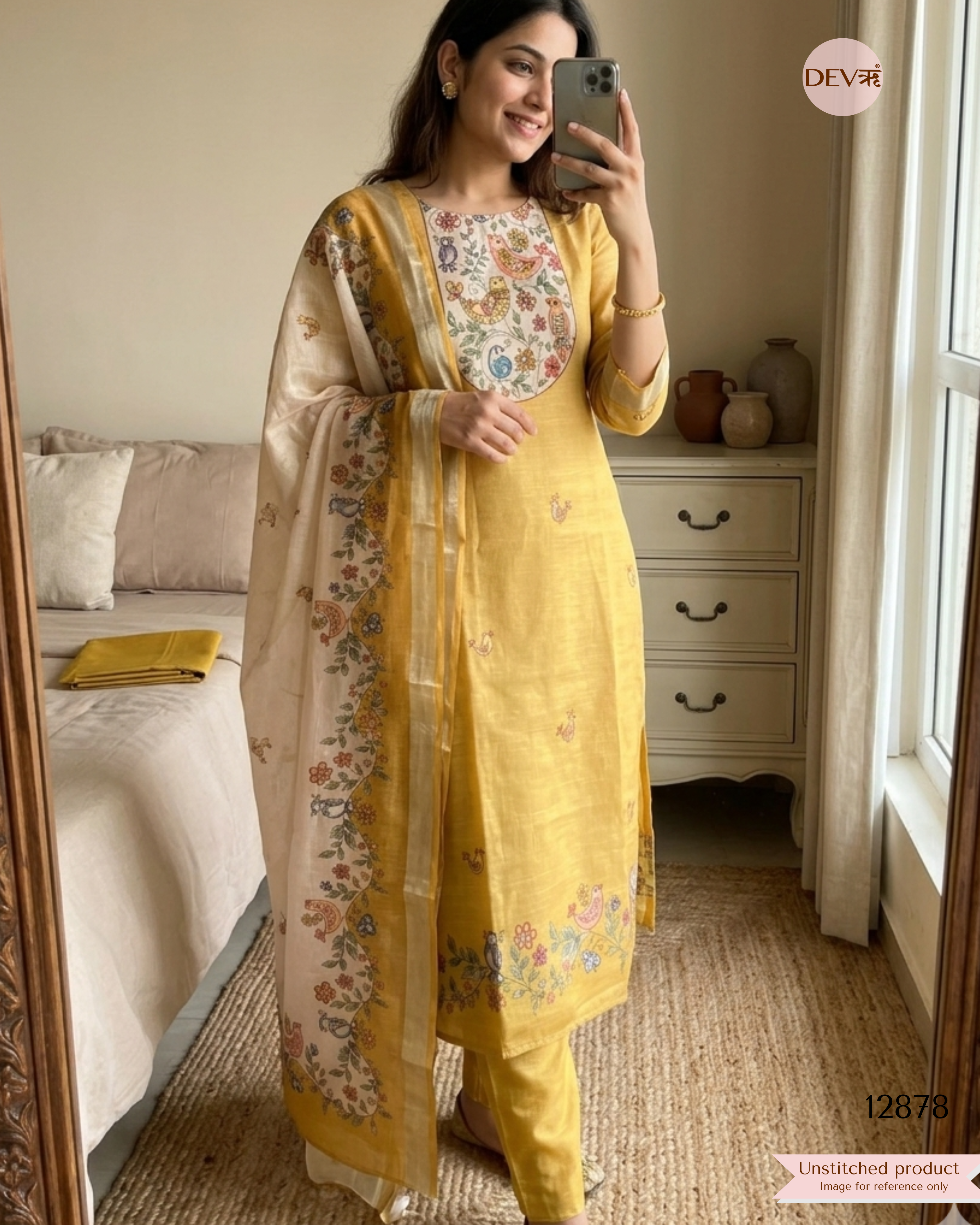 Mustard Yellow Linen Cotton Printed Unstitched 3-Piece Suit (Devri – D.No 12878)
