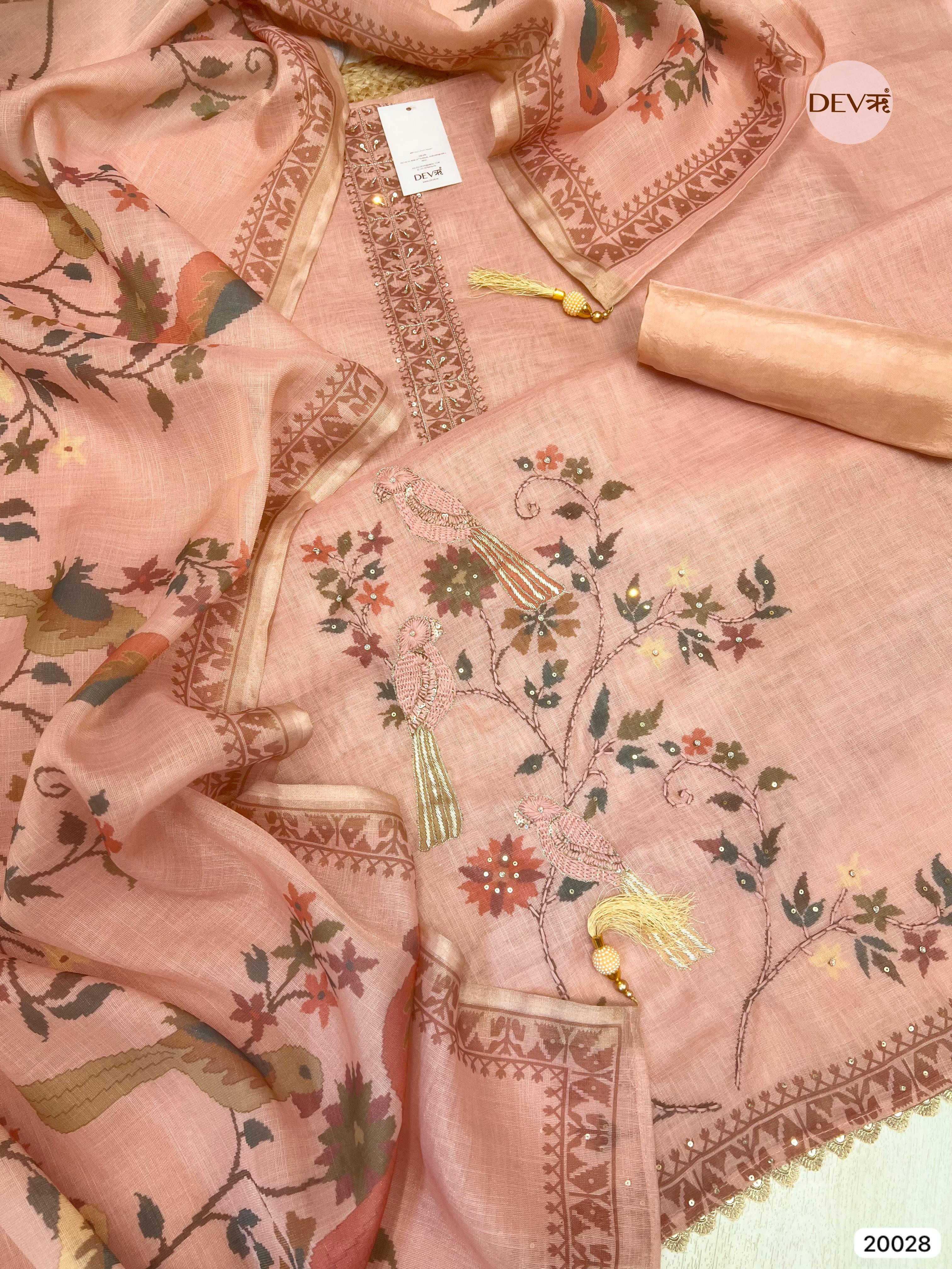 Blush Peach Pure Linen Embroidered Unstitched 3-Piece Suit (Devri – D.No. 20028 )