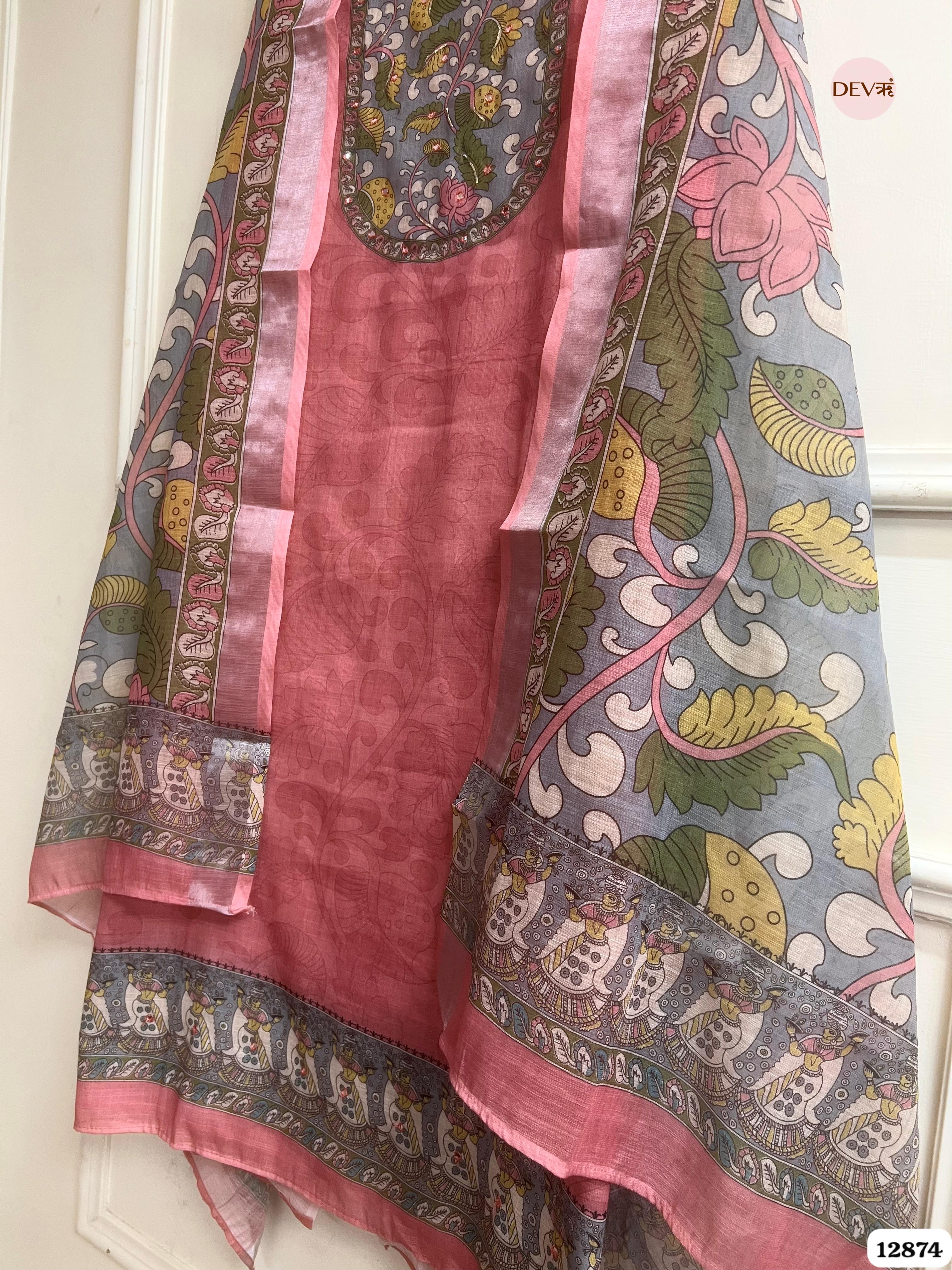 Pink Linen Cotton Printed Unstitched 3-Piece Suit (Devri – D.No 12874)