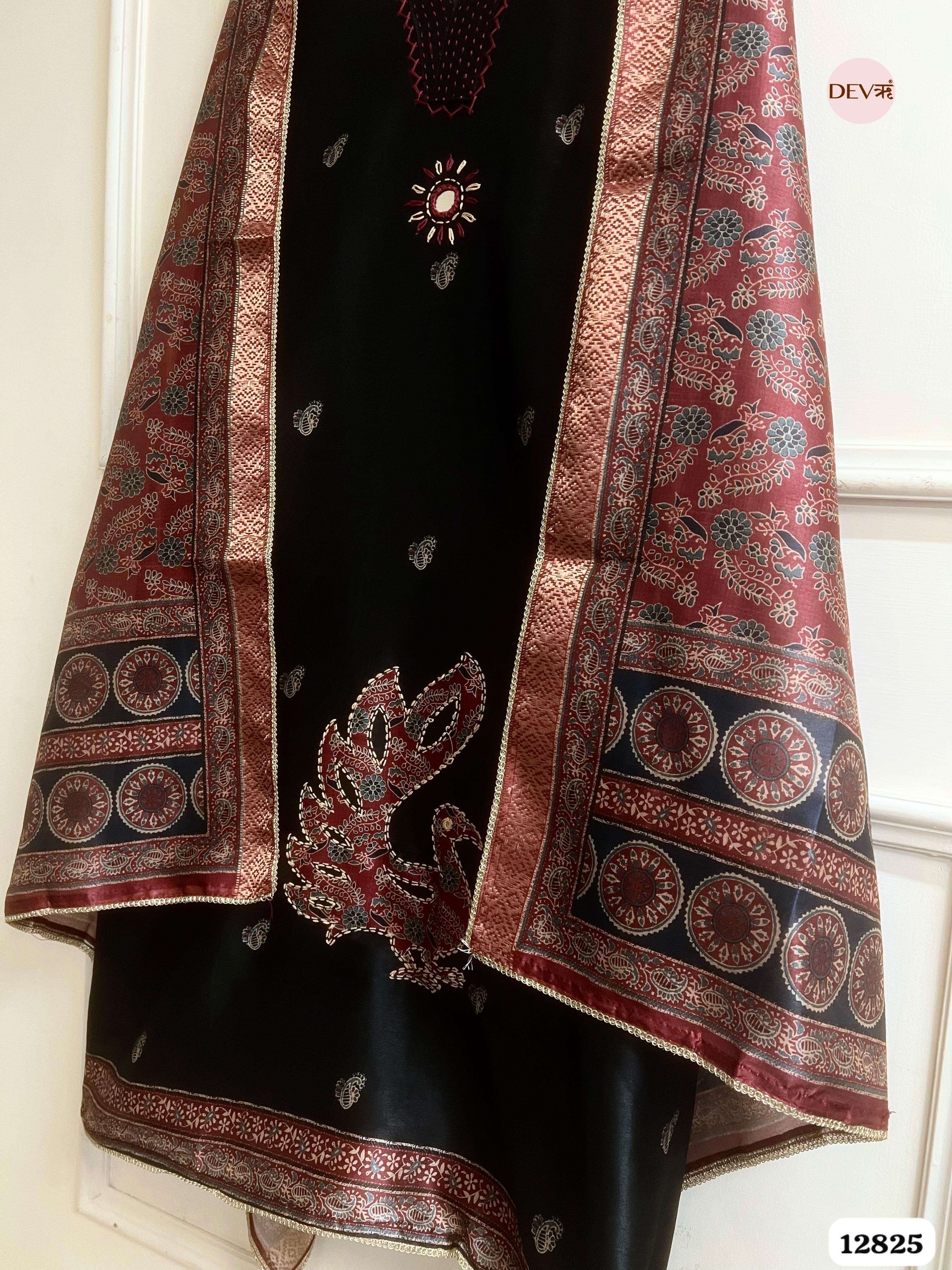 Black chanderi silk printed Unstitched 3-Piece Suit (Devri – D.No12825)