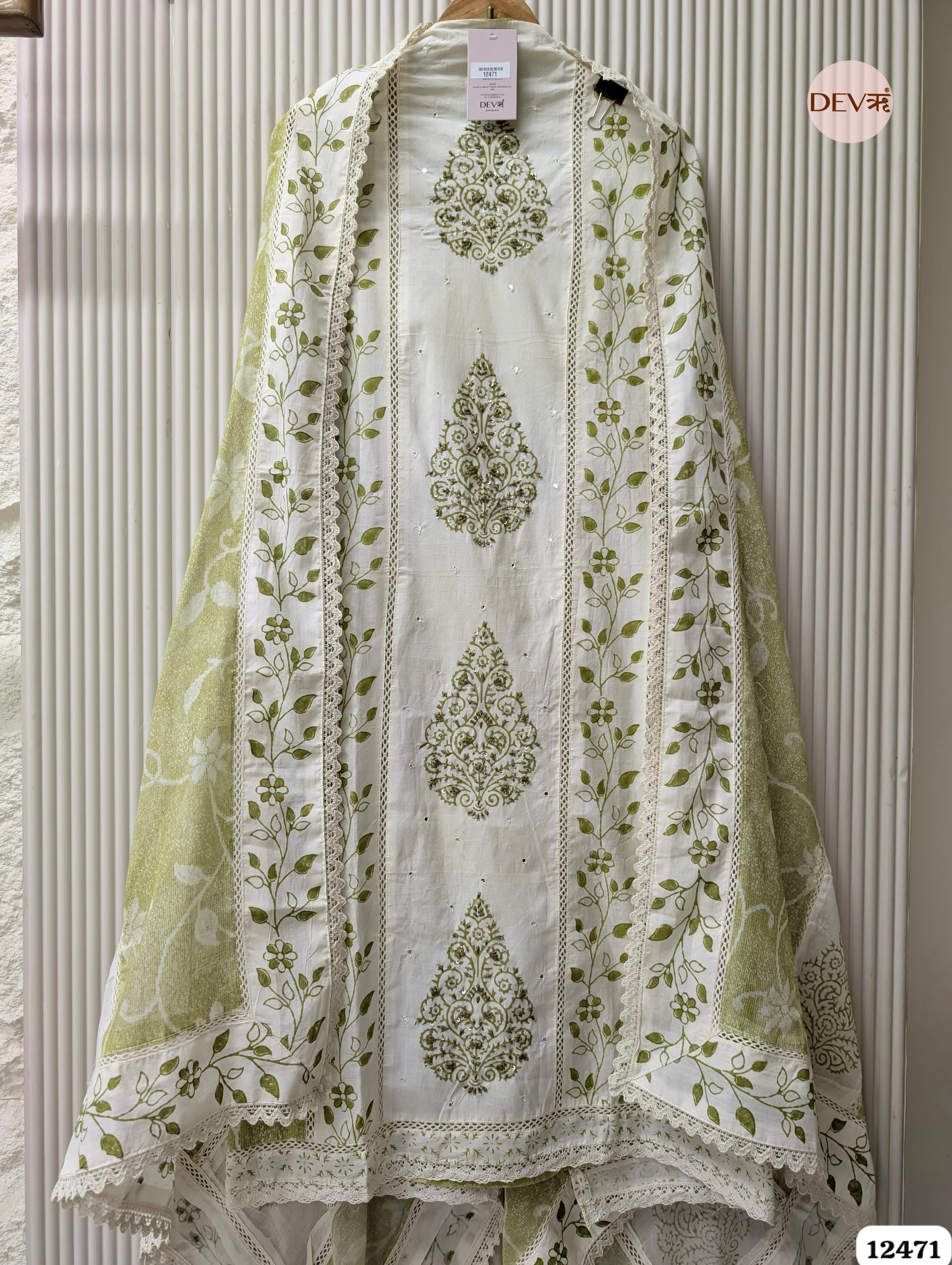 Olive Green & White Pure Cotton Printed & Embroidered Unstitched 3-Piece Suit (Devri – D.No 12471)