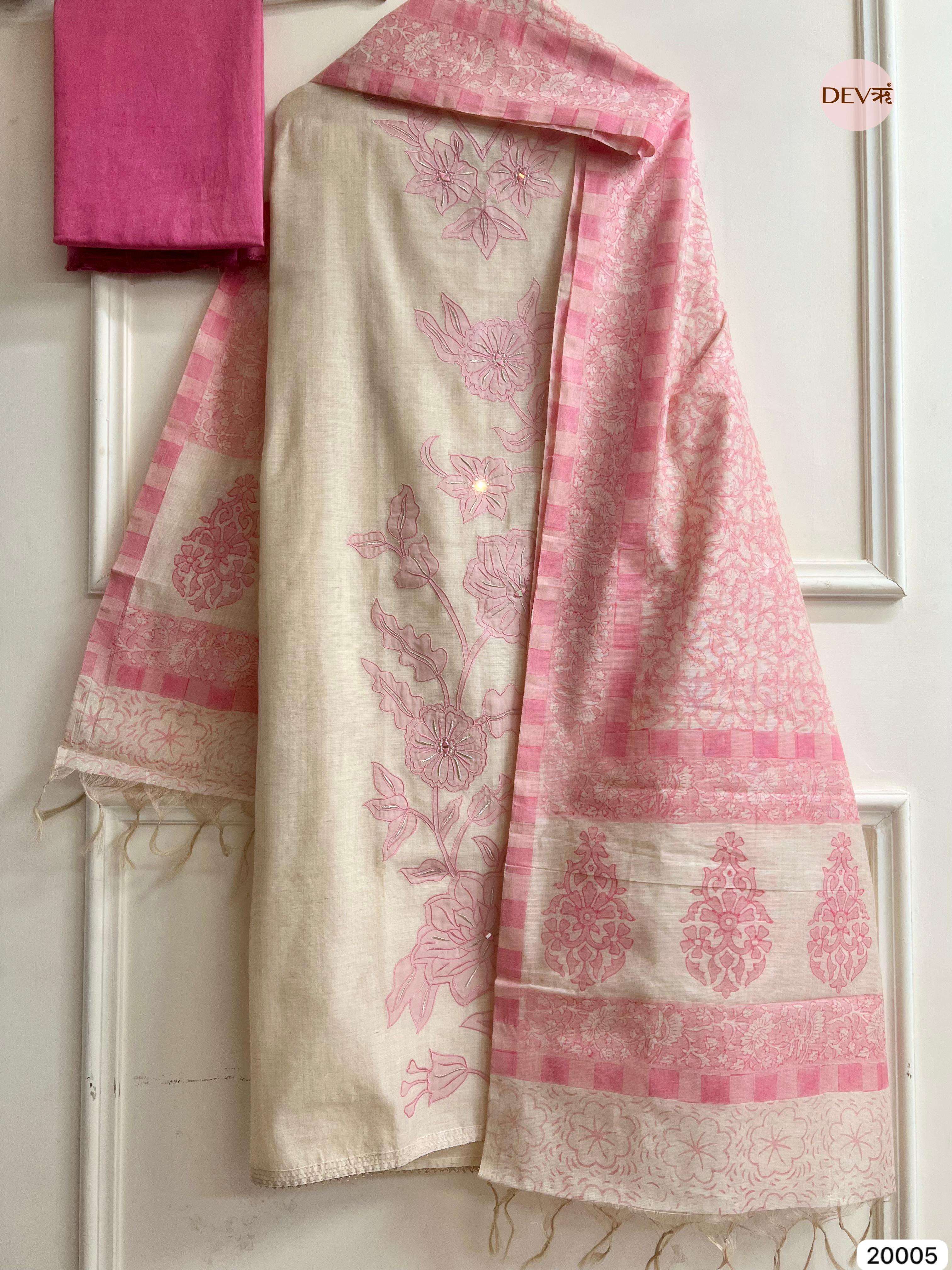 Beby pink Pure Linen Cotton Embroidered Unstitched 3-Piece Suit (Devri – D.No 20005)