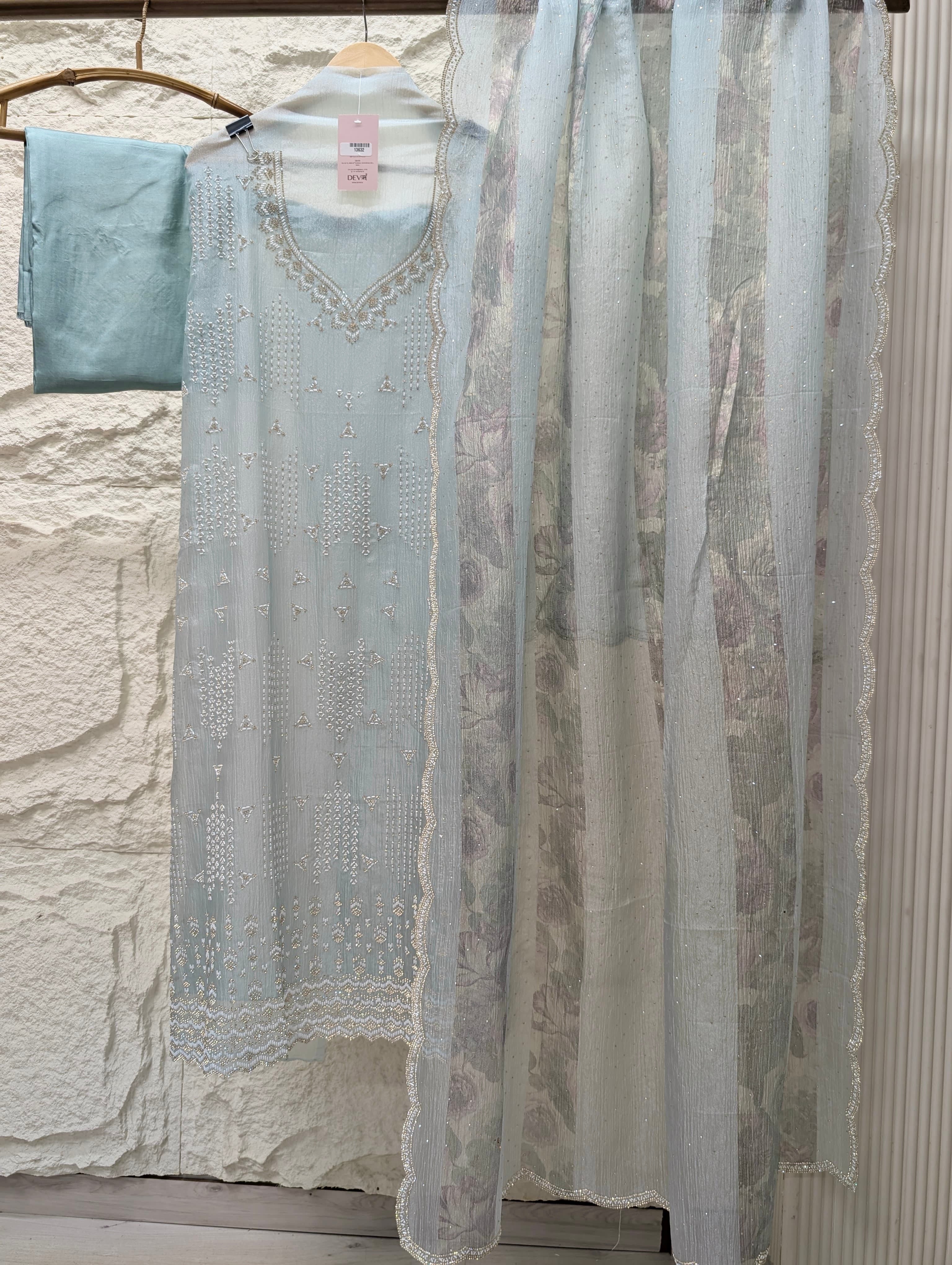 Blue Tissue Crush Silk Embroidered Unstitched 3-Piece Suit (Devri – D.No 13632)
