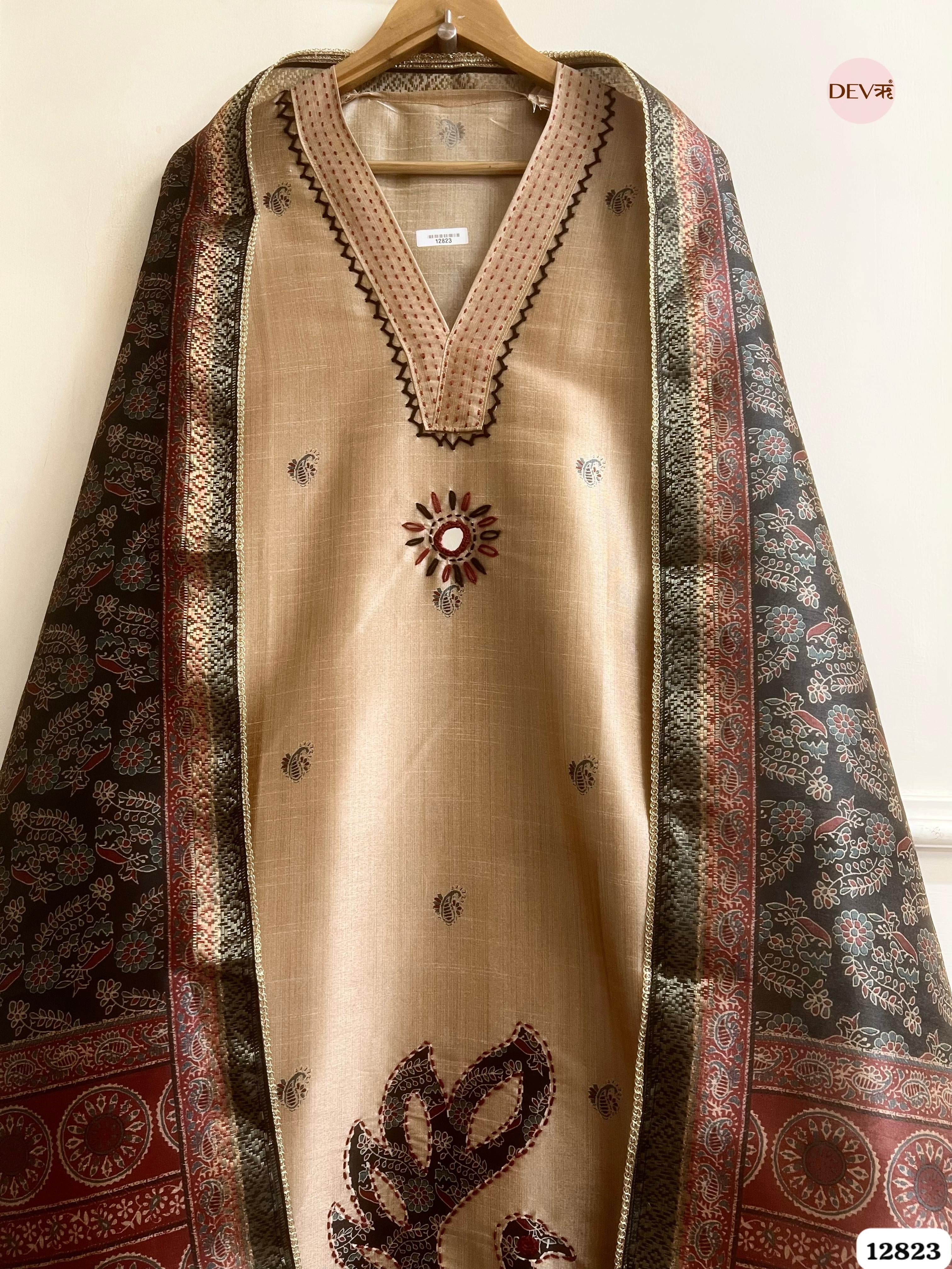 Beige Chanderi Silk Printed Unstitched 3-Piece Suit (Devri – D.No 12823)