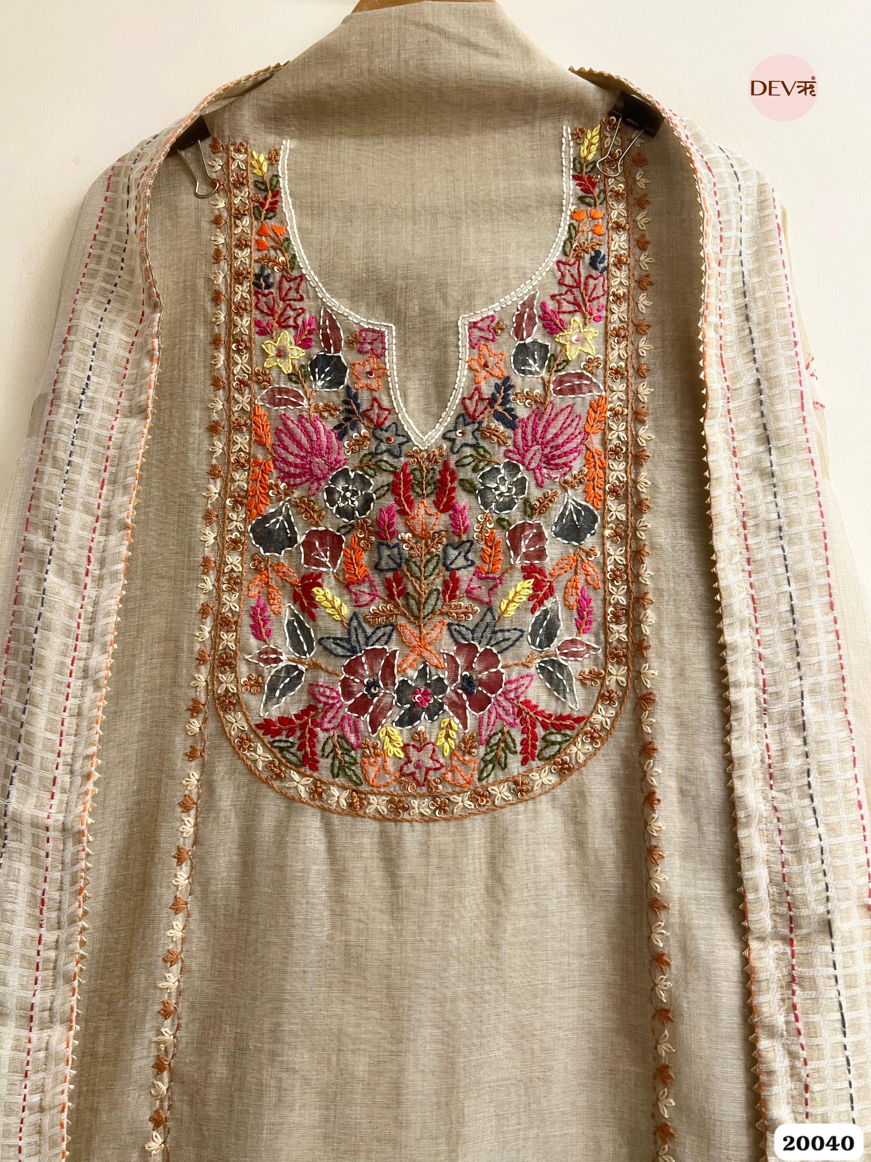 Beige Mul Chanderi Embroidered Unstitched 3-Piece Suit (Devri – D.No. 20040)