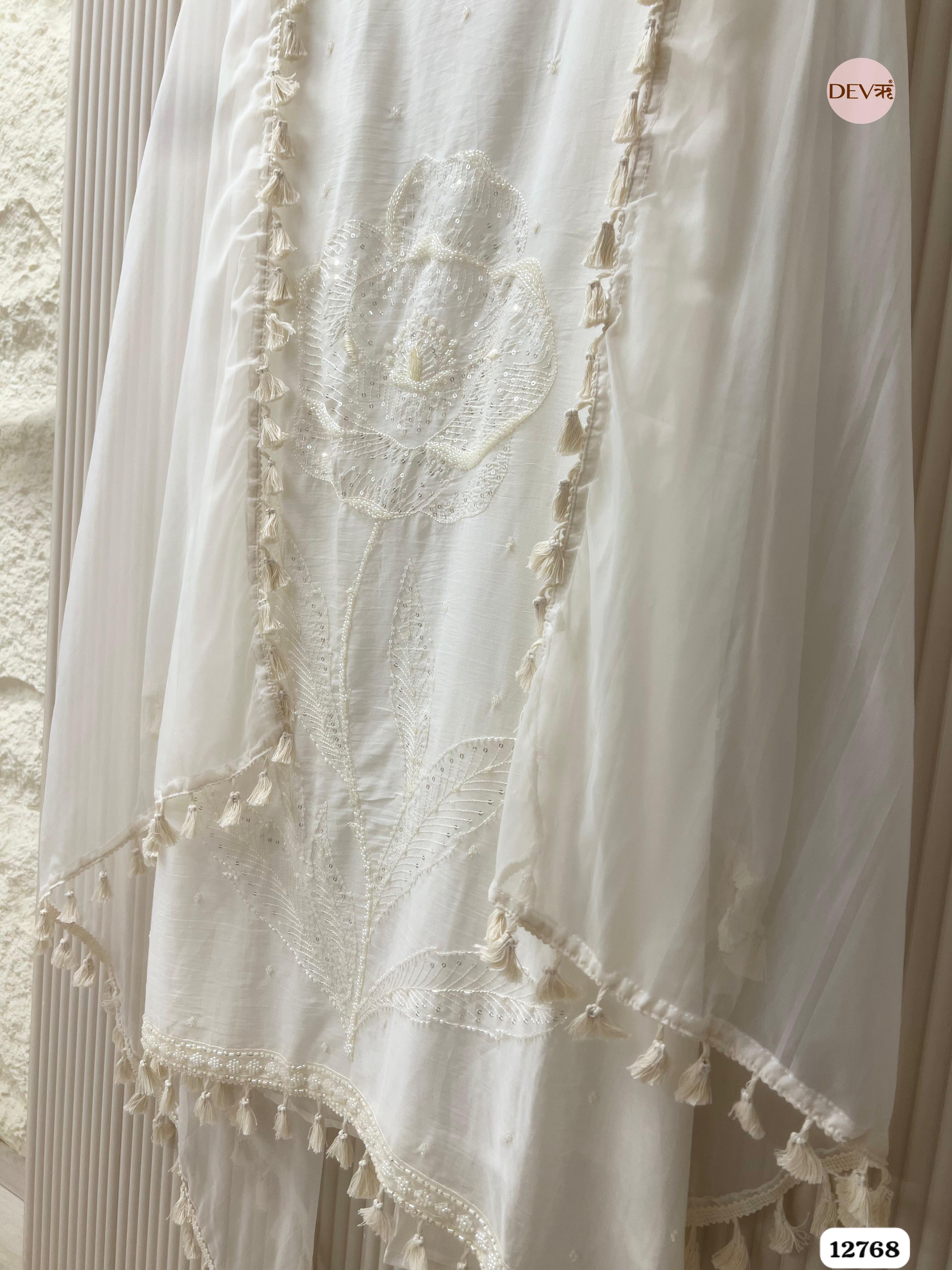 White Mul Cotton Embroidered Unstitched 3-Piece Suit (Devri – D.No 12768)