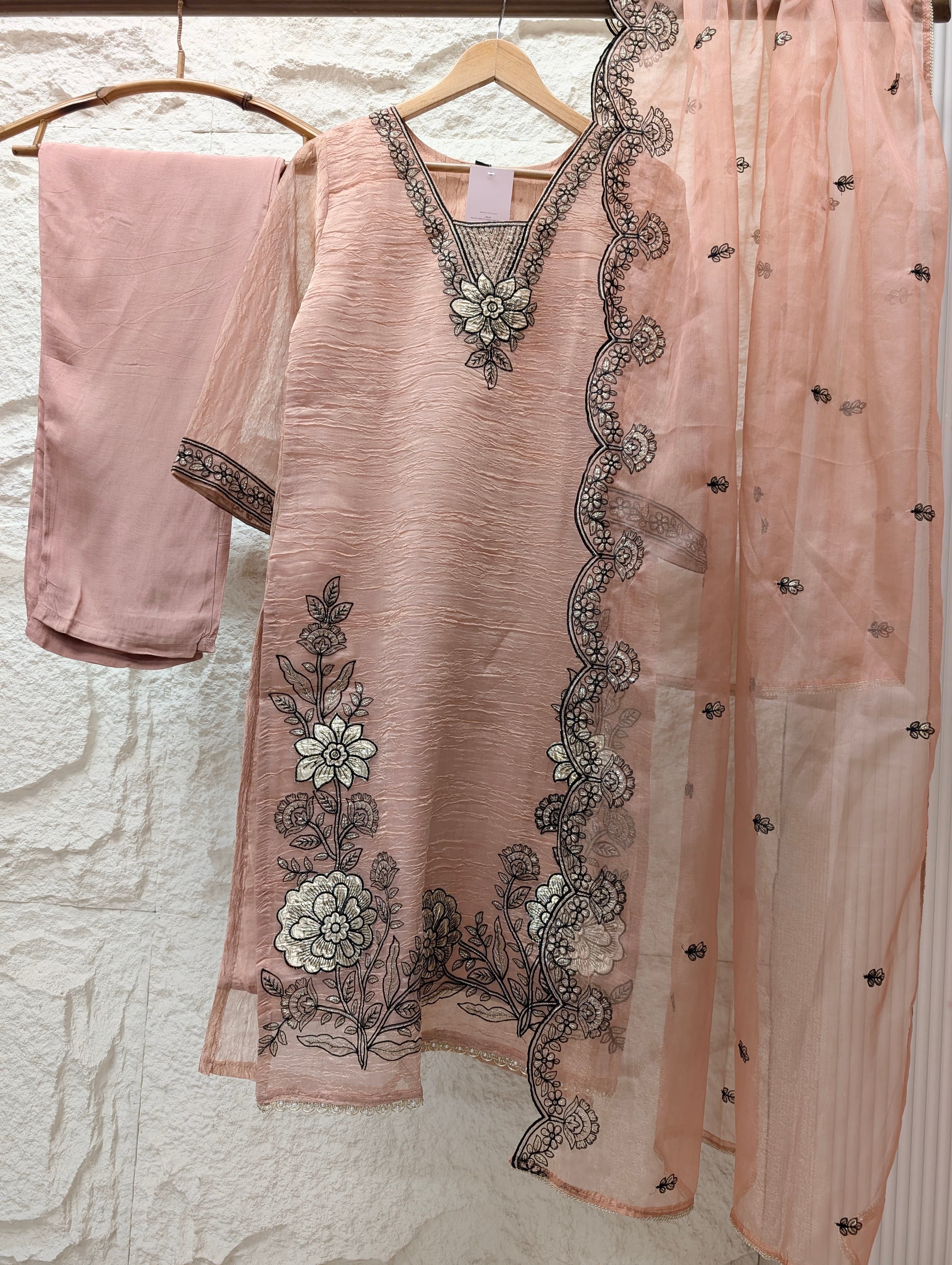 Gulnaar Tissue silk Embroidered Blush Pink 3-Piece Set (Devri – D.No 13800)
