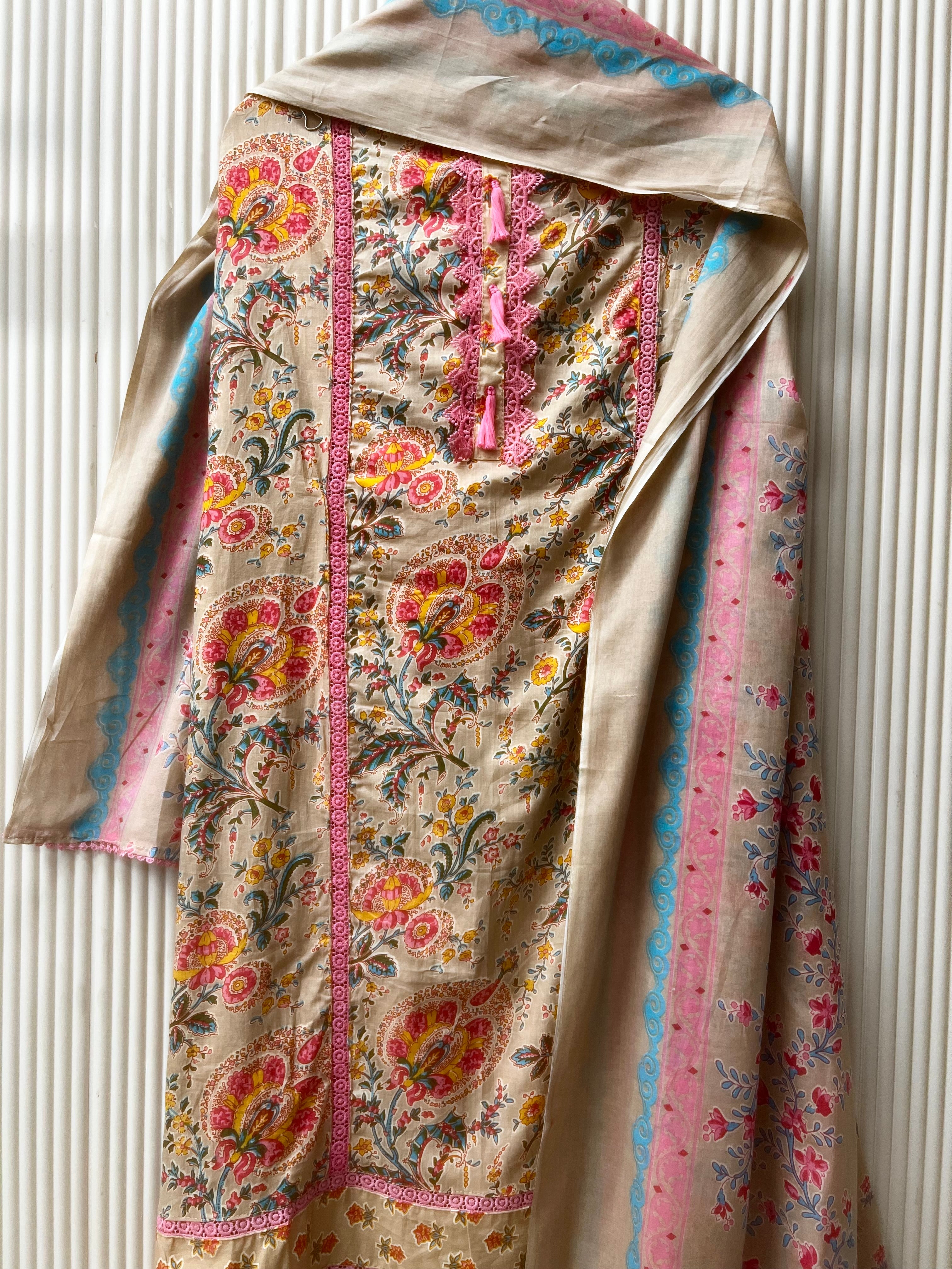 Beige Cotton Floral Printed Unstitched 3-Piece Suit (Devri – D.No 12635)