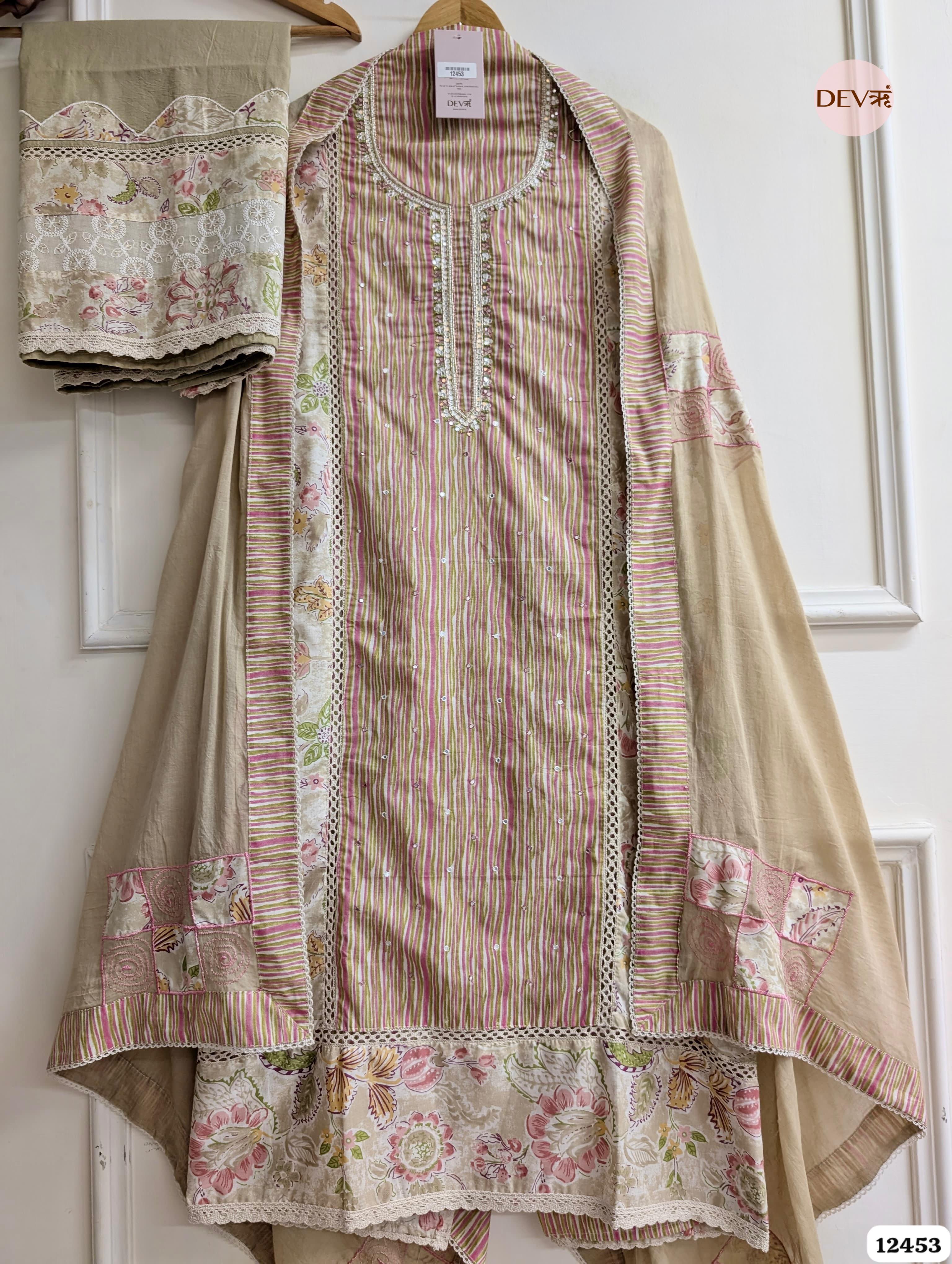 Beige and Pink Cotton Embroidered Unstitched 3-Piece Suit (Devri – D.No .12453)