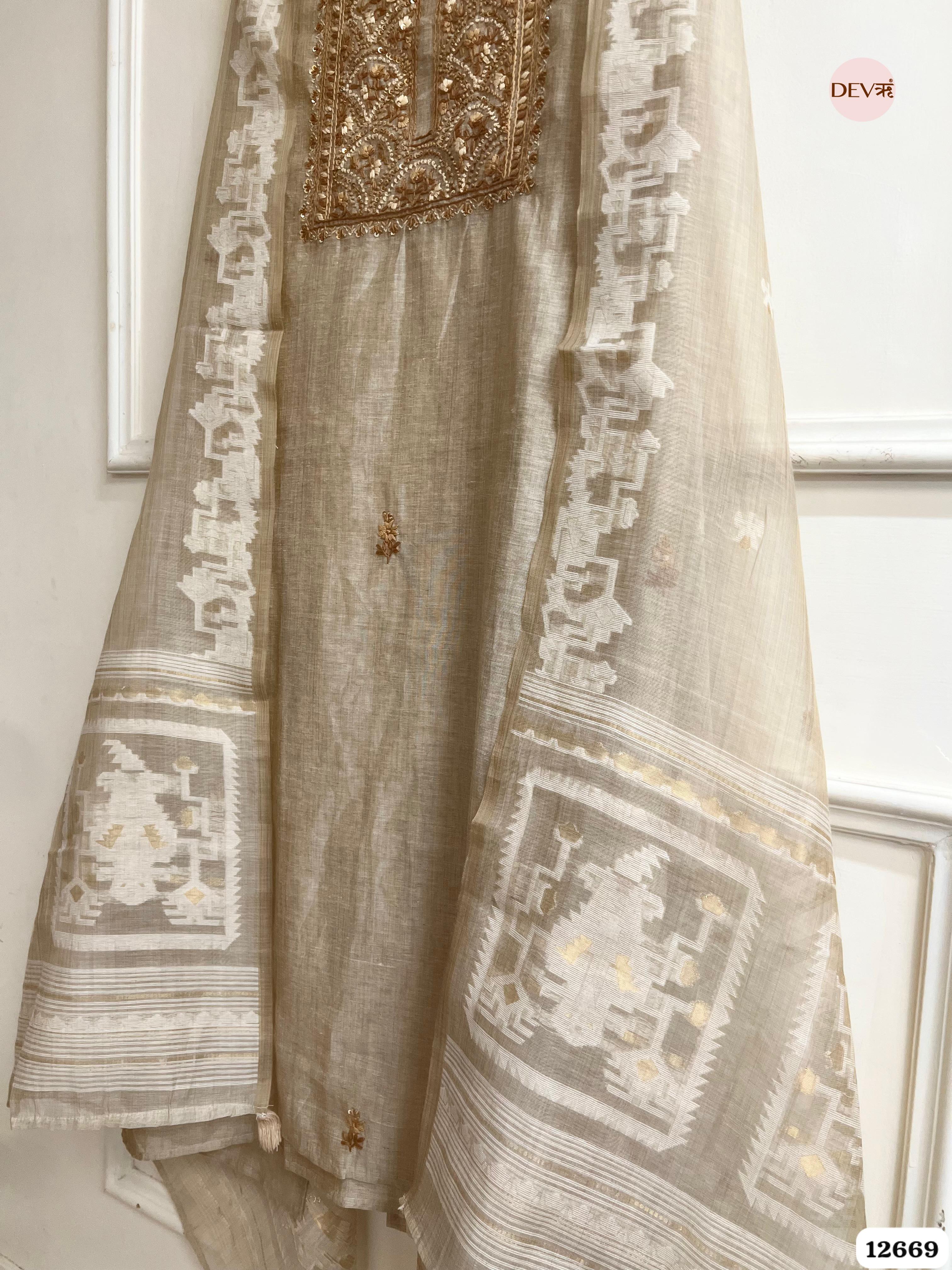 Beige Mul Chanderi Embroidered Unstitched 3-Piece Suit (Devri – D.No 12669)