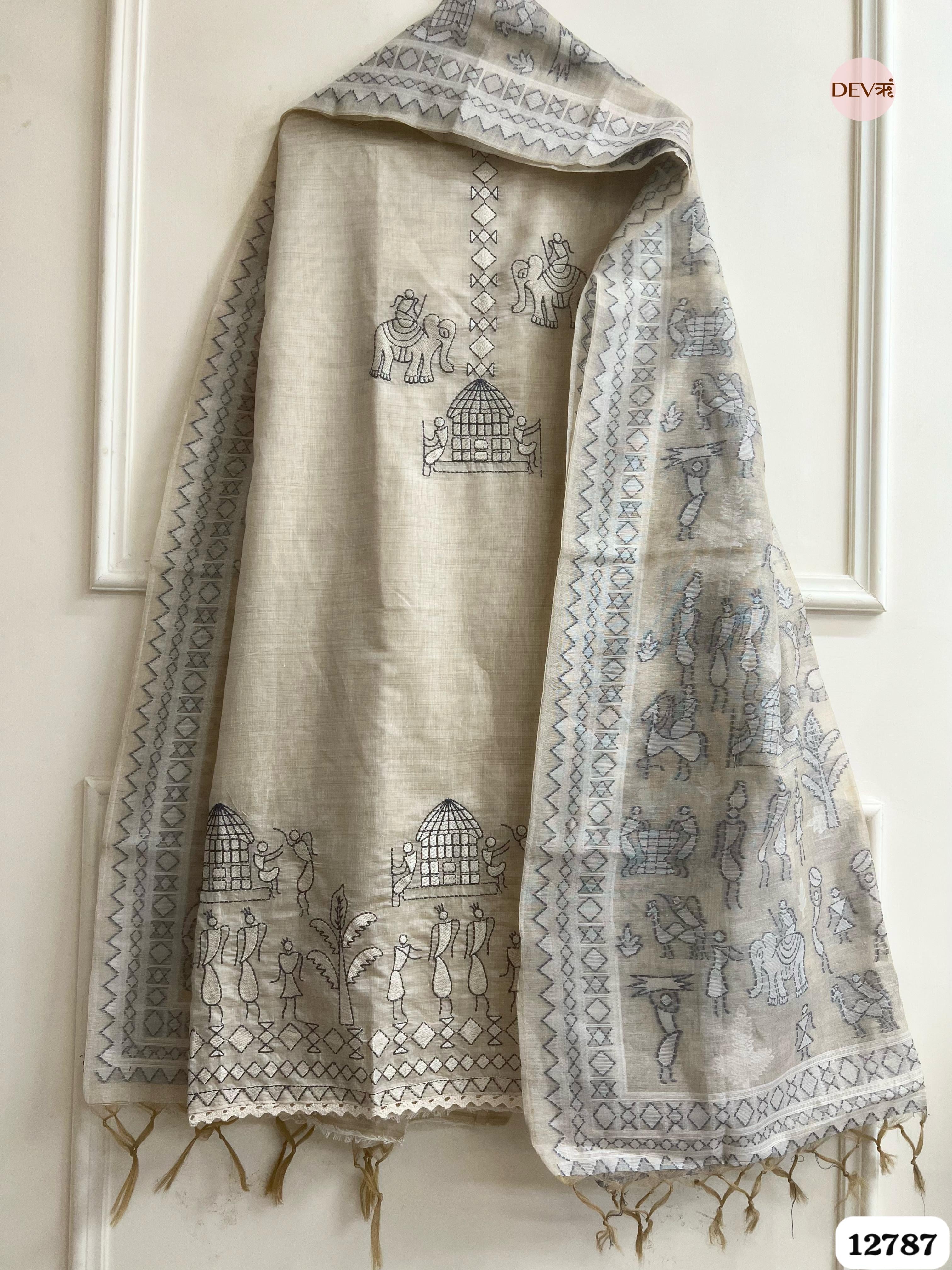Beige Mul Chanderi Embroidered Unstitched 3-Piece Suit (Devri – D.No 12787)
