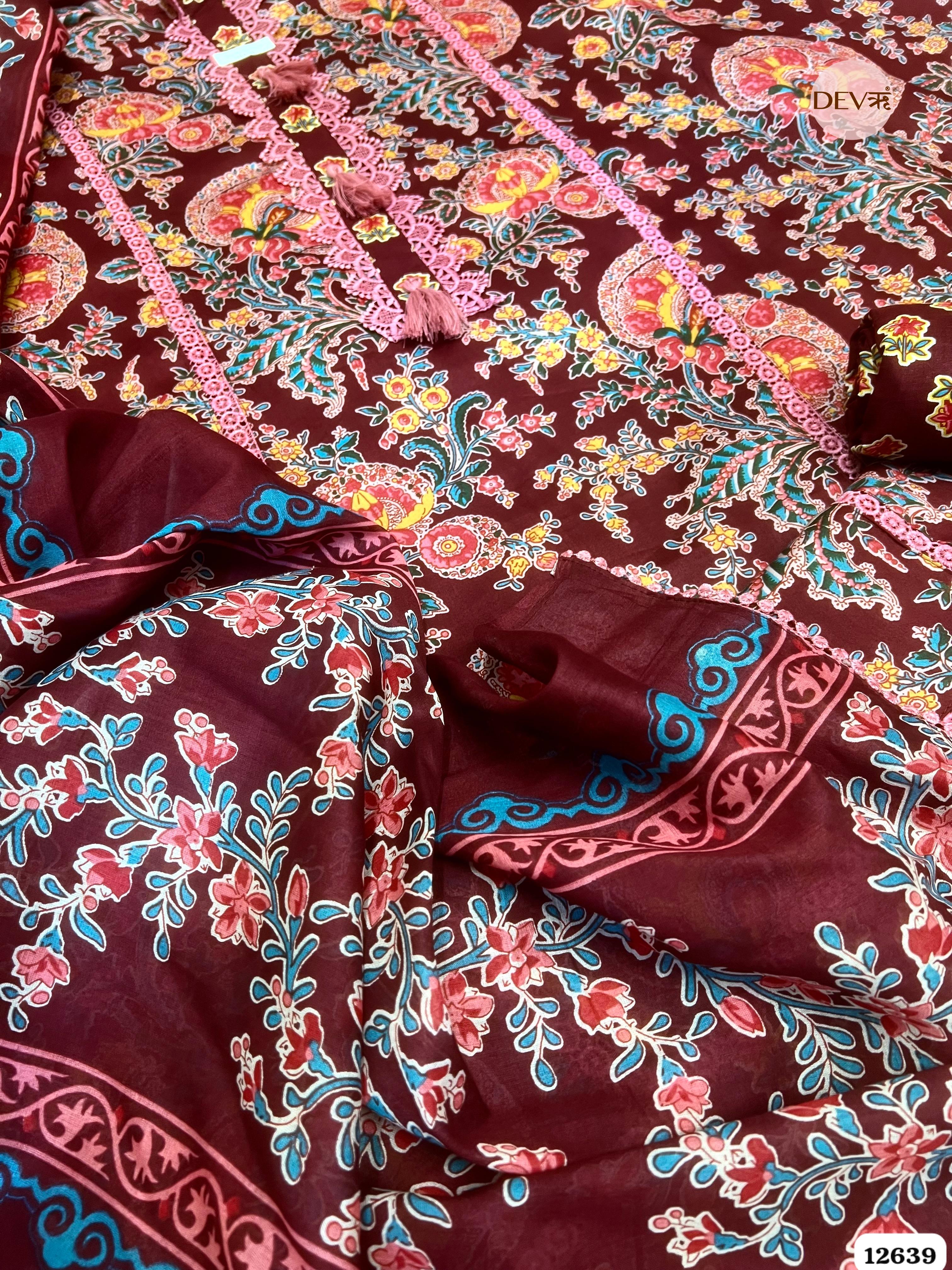 Wine Cotton Floral Printed Unstitched 3-Piece Suit (Devri – D.No 12639)