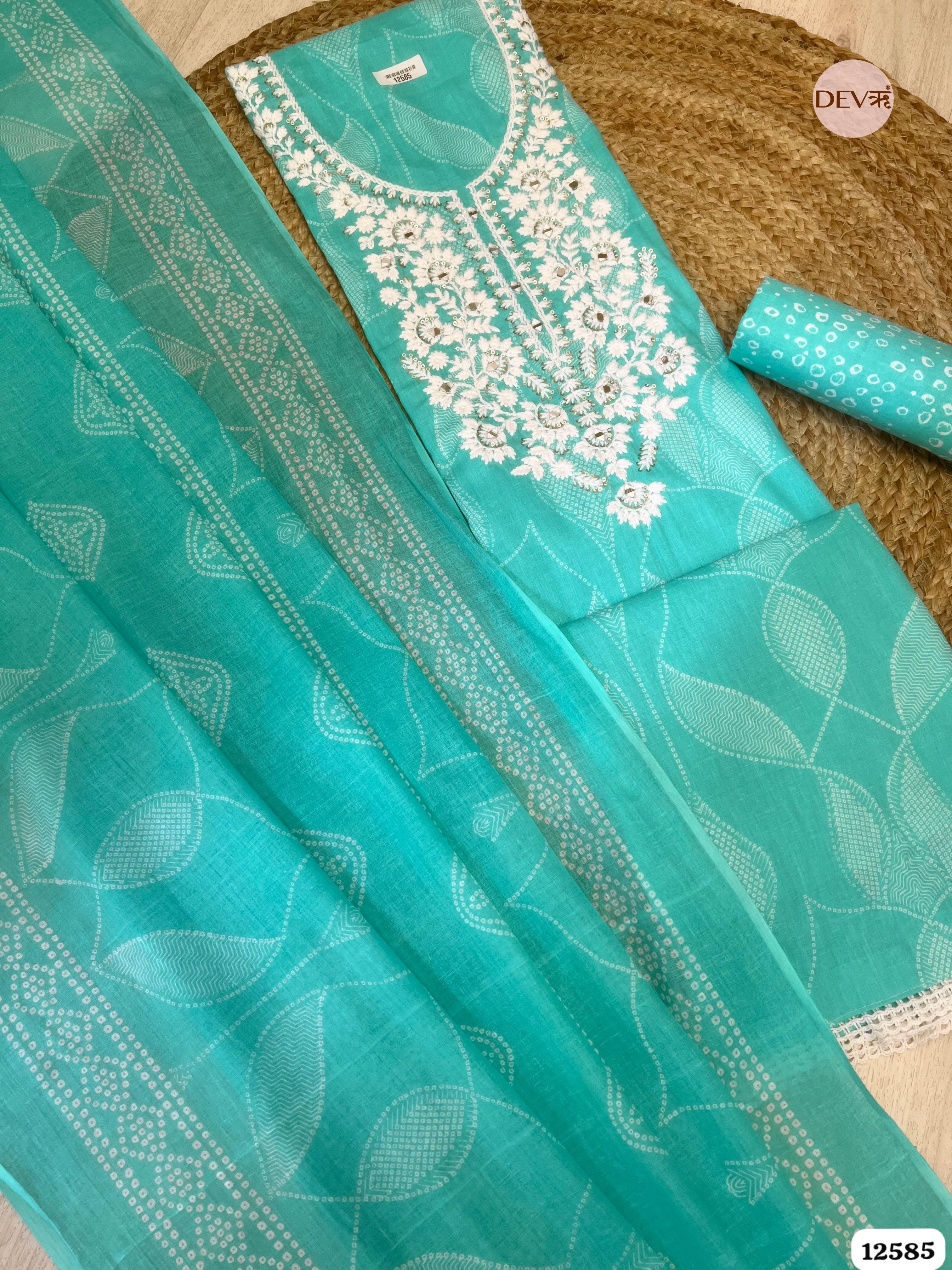 Aqua Green Cotton Embroidered Unstitched 3-Piece Suit (Devri – D.No 12585)