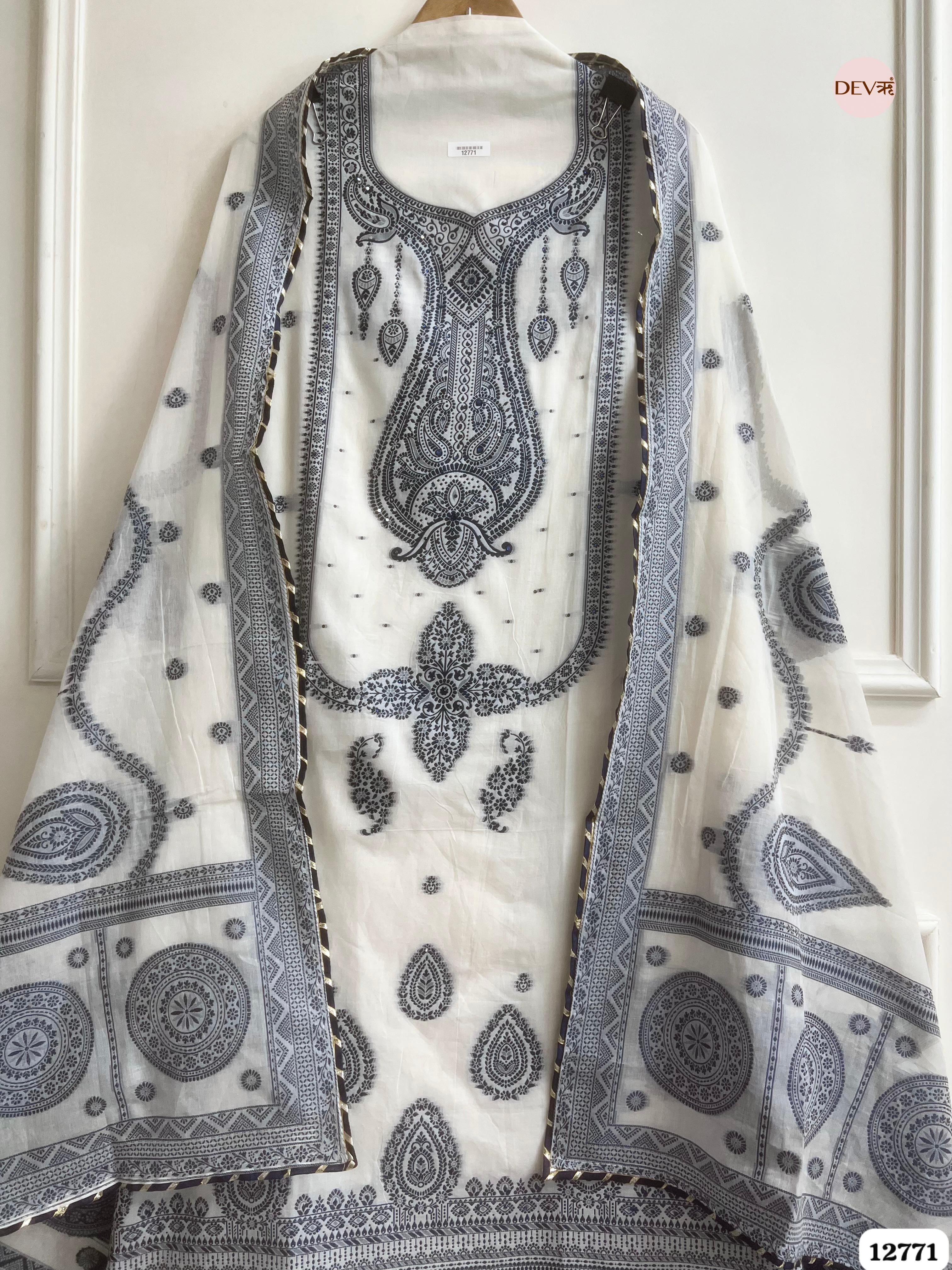 Off-White Jamdani Cotton Embroidered Unstitched 3-Piece Suit (Devri – D.No 12771)