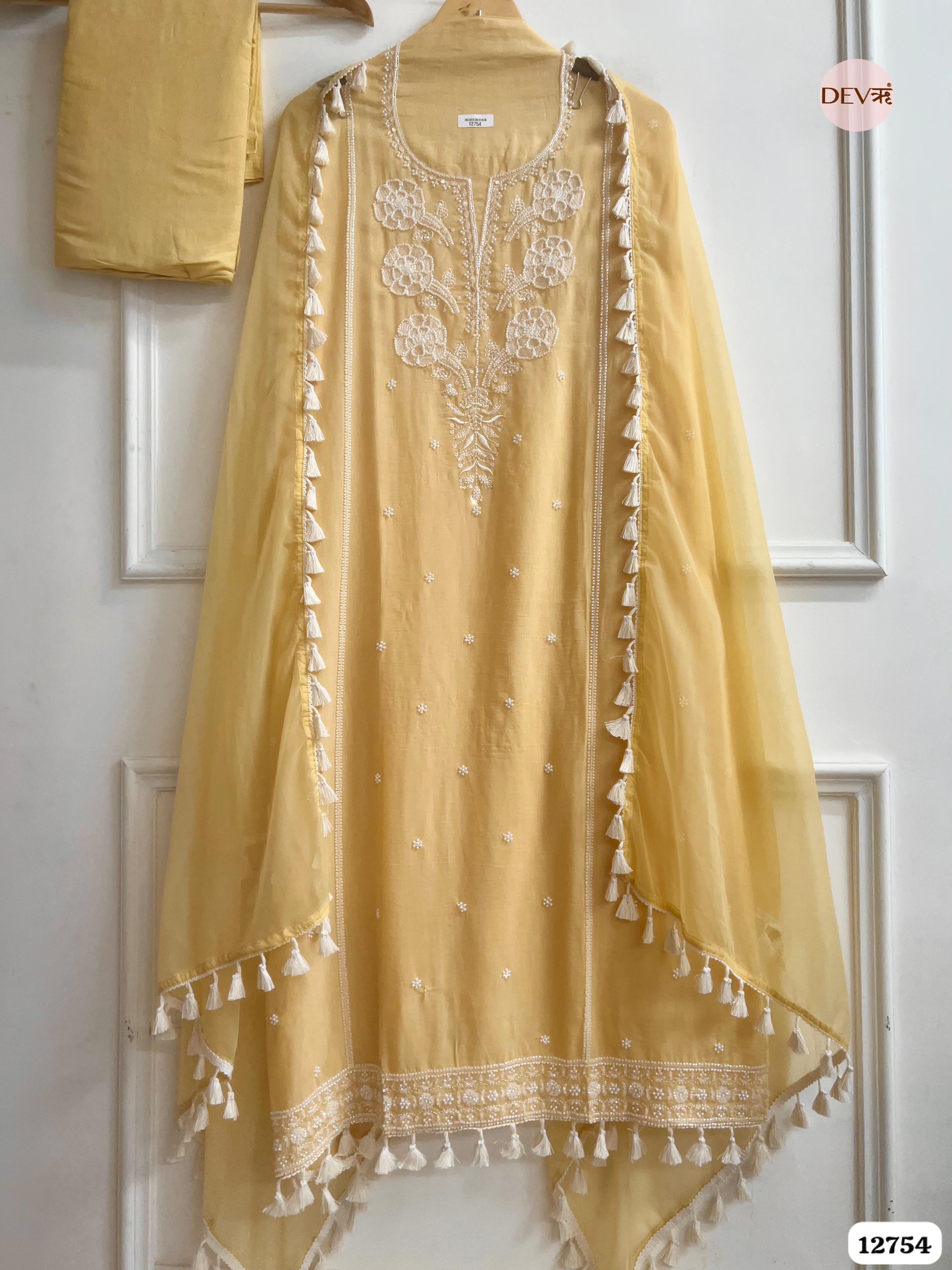 Yellow Mul Cotton Embroidered Unstitched 3-Piece Suit (Devri – D.No 12754)