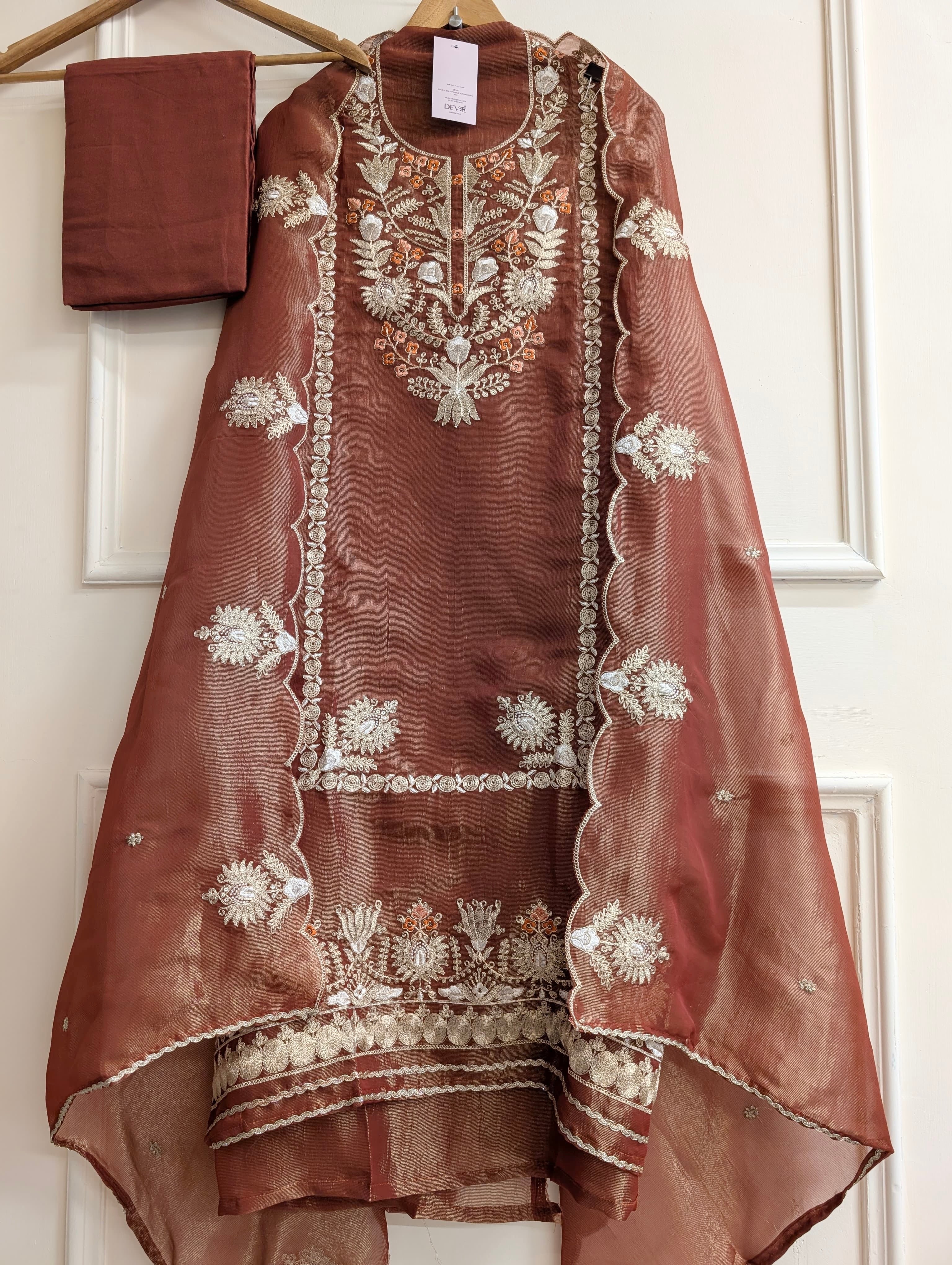 Brown Pure Tissue Silk Embroidered Unstitched 3-Piece Suit (Devri – D.No 13760)