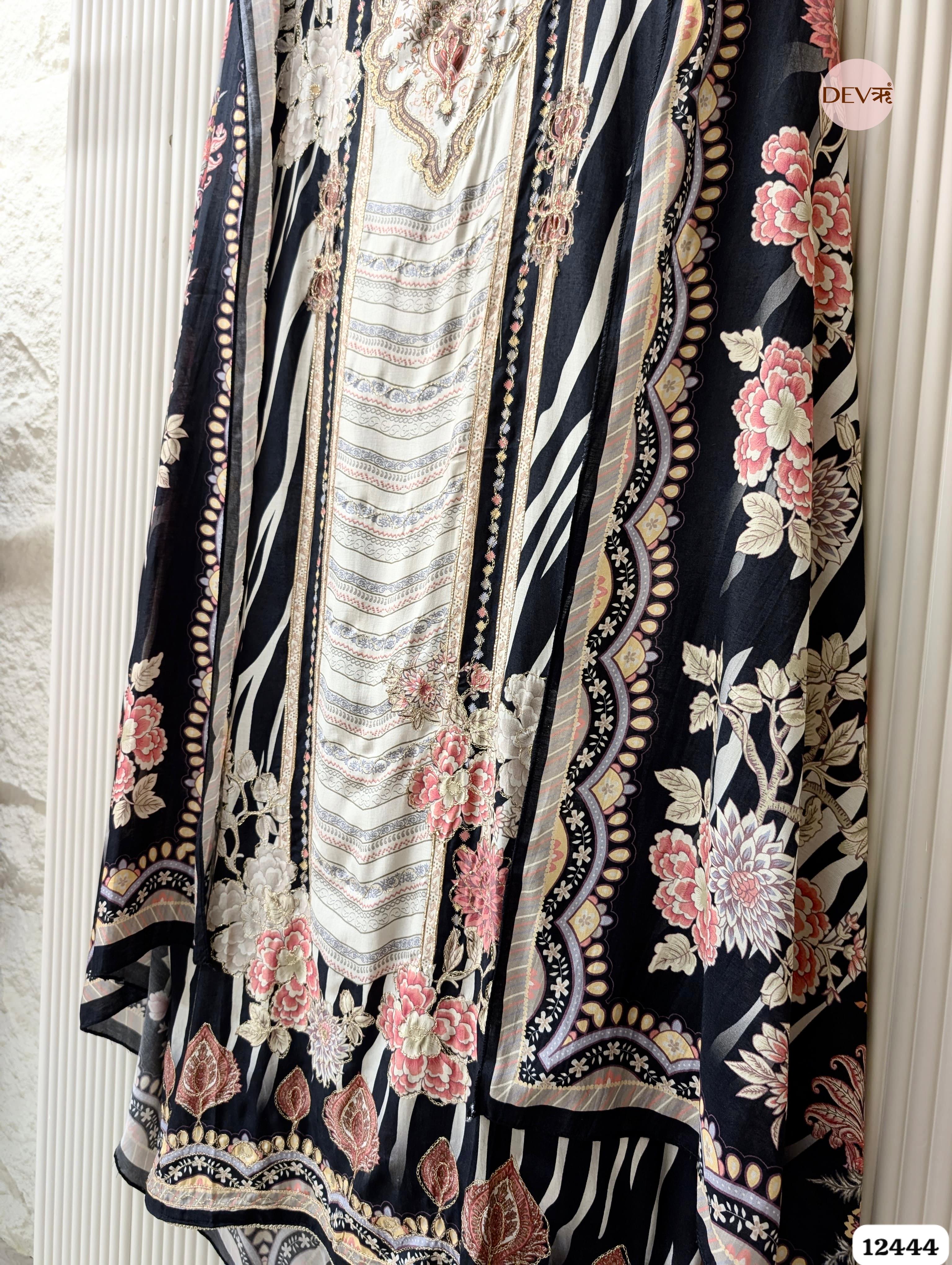 Black & Ivory Muslin Digital Printed Unstitched 3-Piece Suit (Devri – D.No 12444)