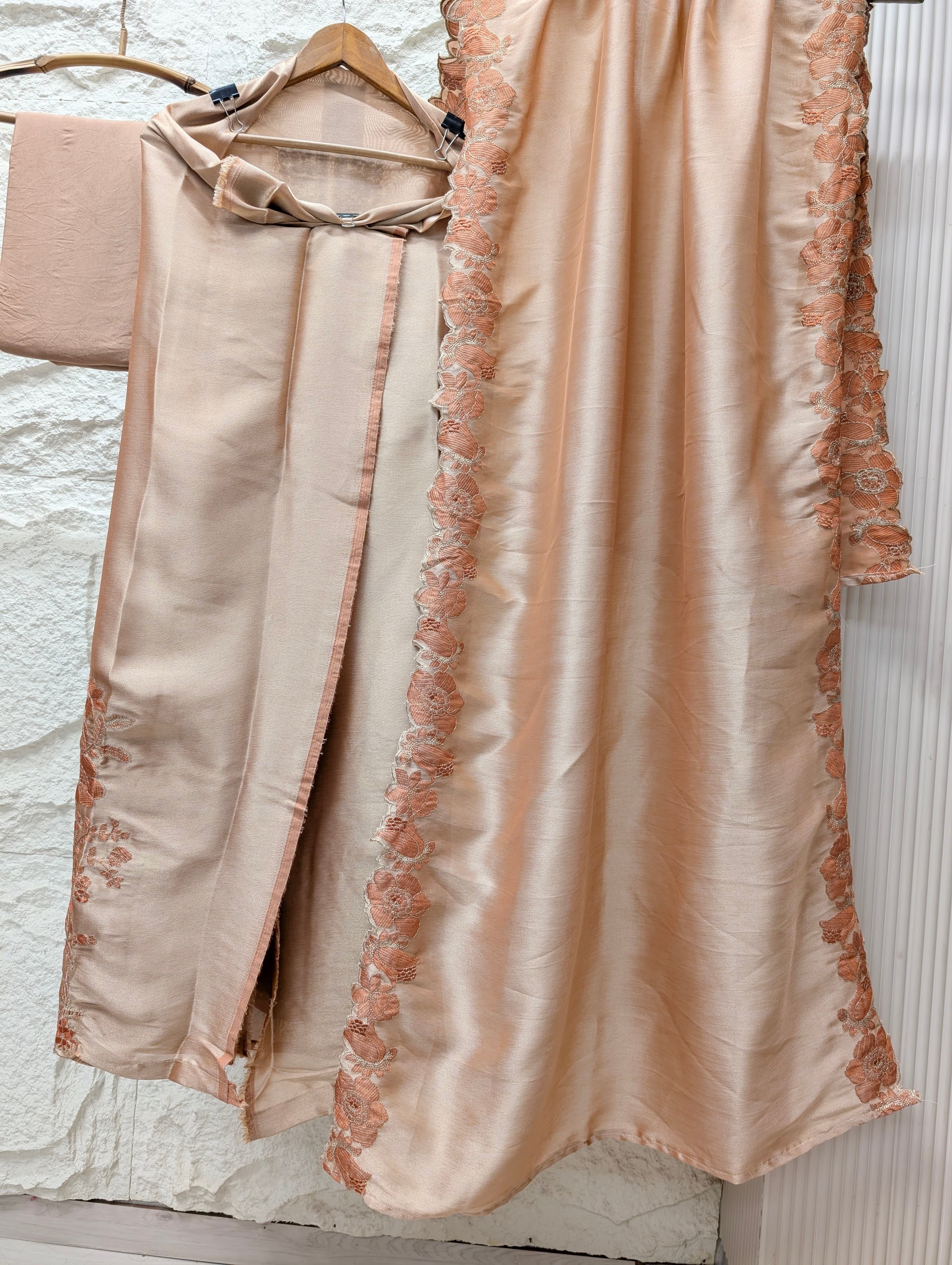 Peach Silk Blend Embroidered Unstitched 3-Piece Suit (Devri – D.No 13710)