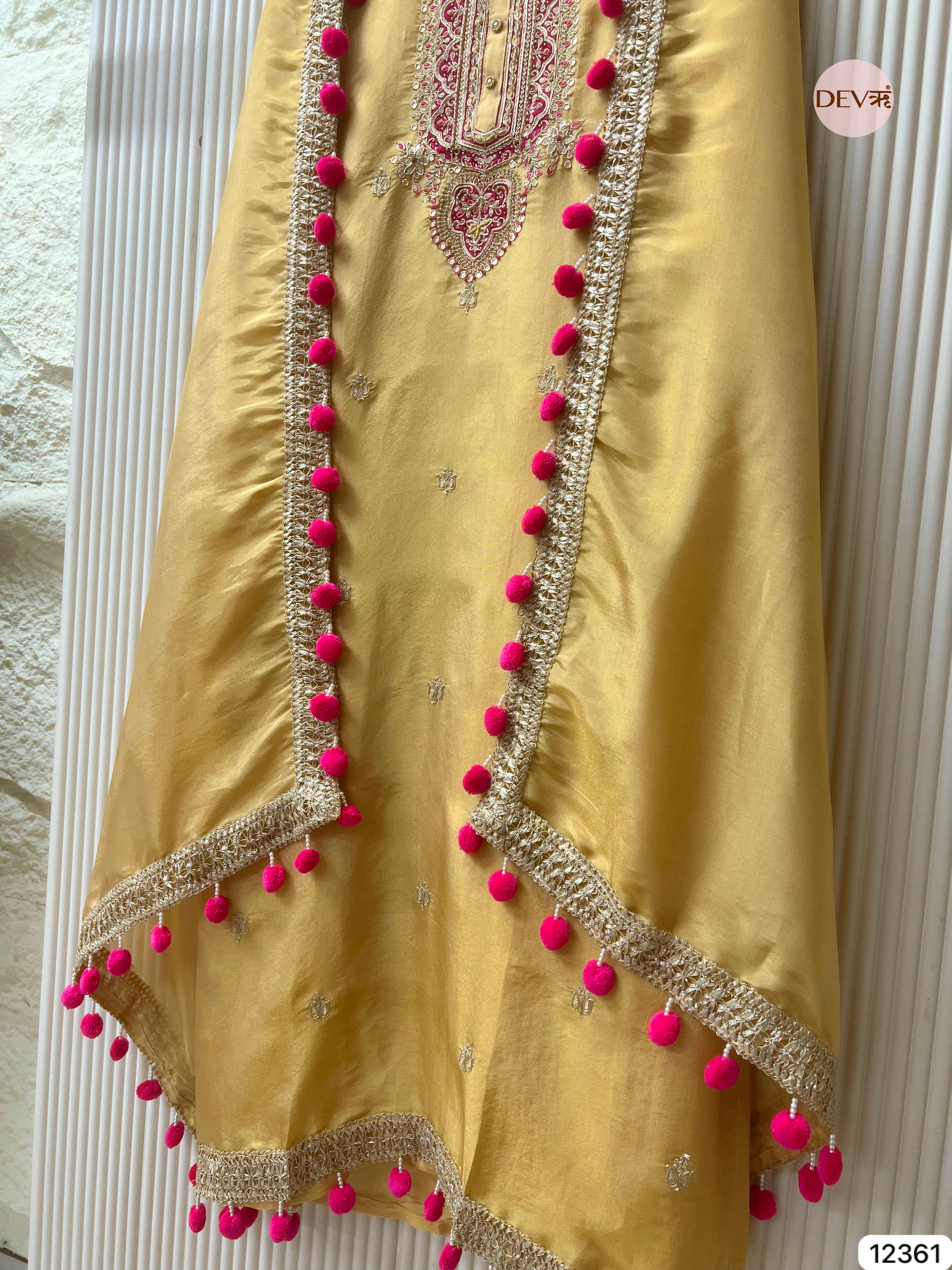 Mustard Shimmer Silk Hand Embroidered Unstitched 3-Piece Suit (Devri – D.No 12361)