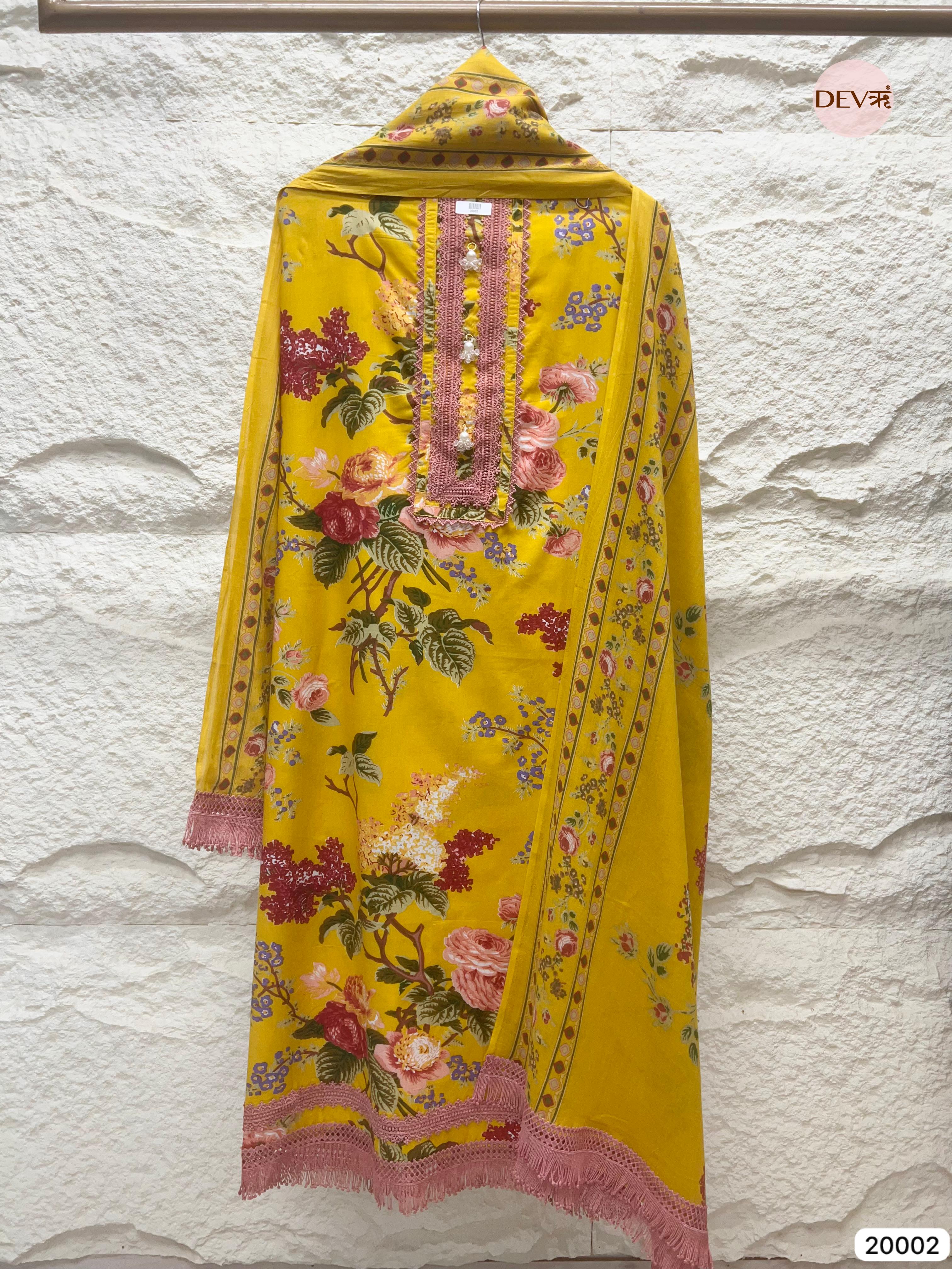 Yellow Pure Cotton Printed Unstitched 3-Piece Suit (Devri – D.No 20002)