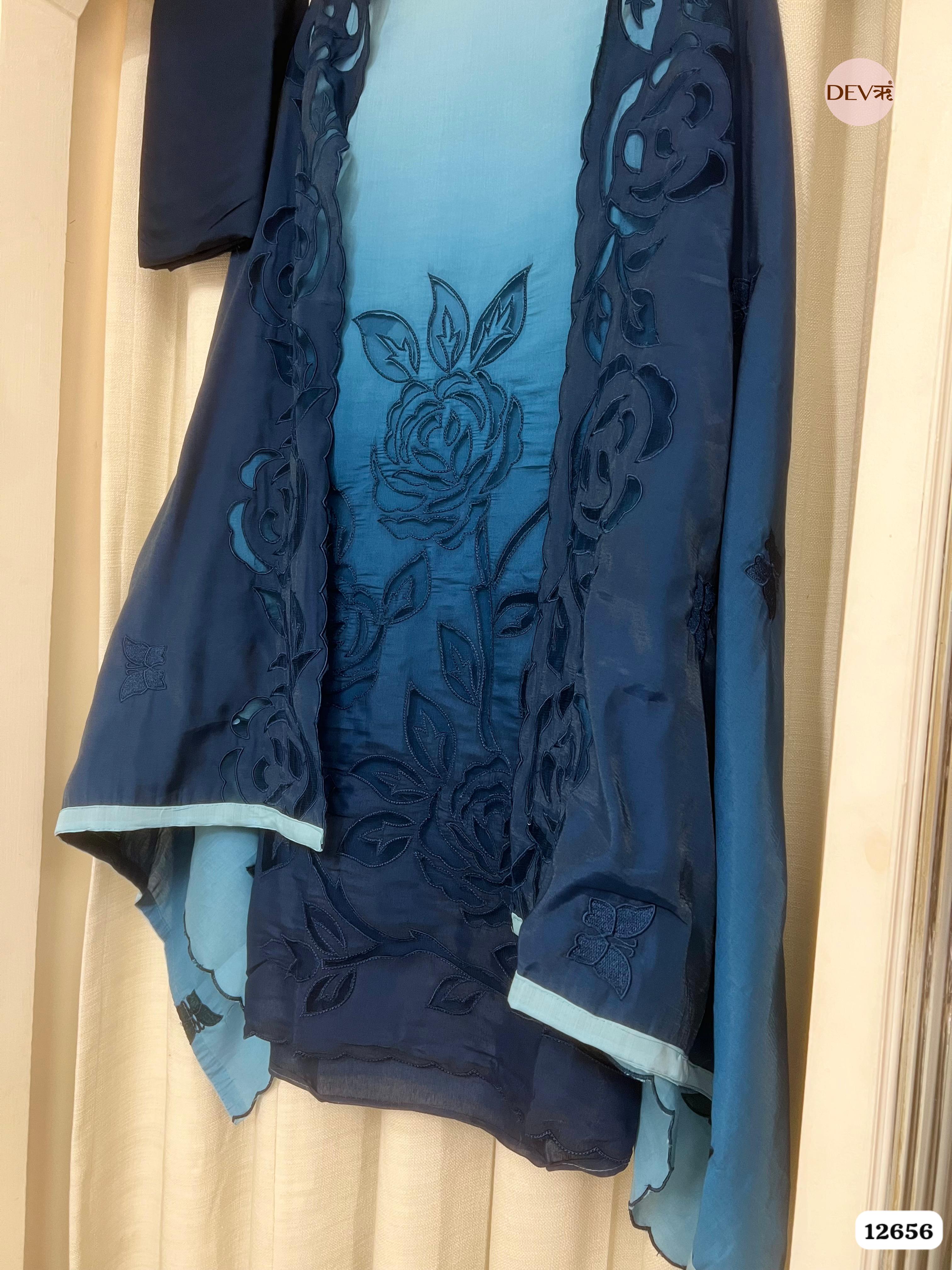 Ombre Blue Mul Chanderi Embroidered Unstitched 3-Piece Suit (Devri – D.No 12656)